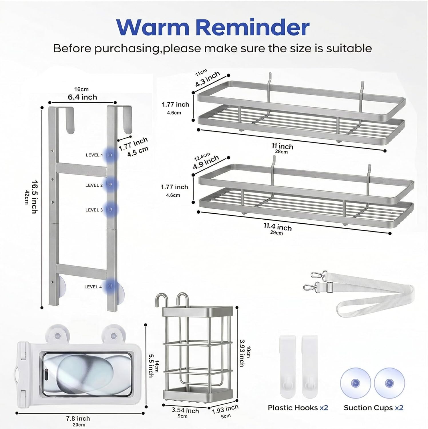 Over the Door Shower Caddy Hanging, Rustproof Shower Shelves with Waterproof Phone Pouch, 2-Tier Adjustable Bathroom Organizers and Storage, No Drilling Shampoo Soap Shelf (Silver 2-Tier)