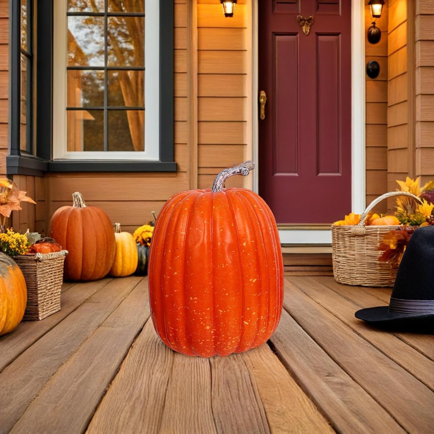 KALLORY 14pcs Artificial Foam Pumpkins Set Realistic Orange Faux Pumpkins for Fall Harvest Halloween and Thanksgiving Indoor Decorative Seasonal Party and Home Table Decor