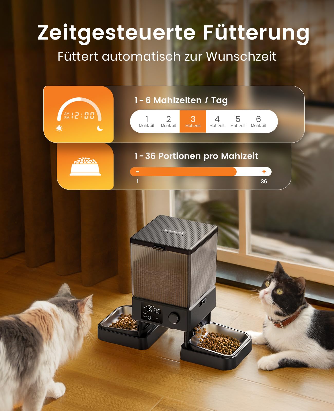 oneisall 5L Futterautomat Katze 2 Näpfe, Katzenfutter Automat mit Edelstahlschüssel, Voice Recorder