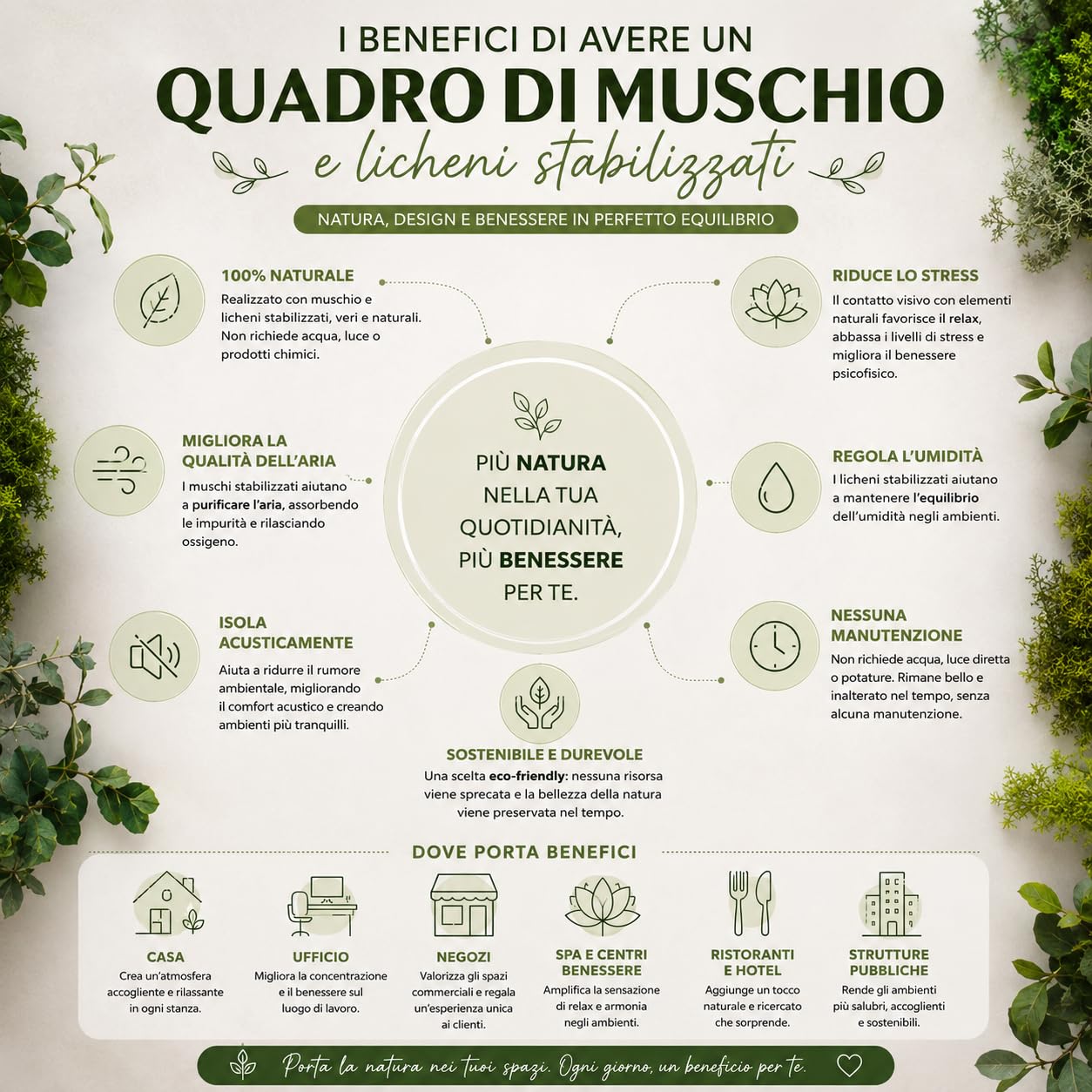 Quadro Esagonale Verde Stabilizzato con Muschio e Licheni Naturali - Decorazione Vegetale di Design per Casa e Ufficio - Senza Manutenzione (Esagonale 60x60 cm, con Cornice)