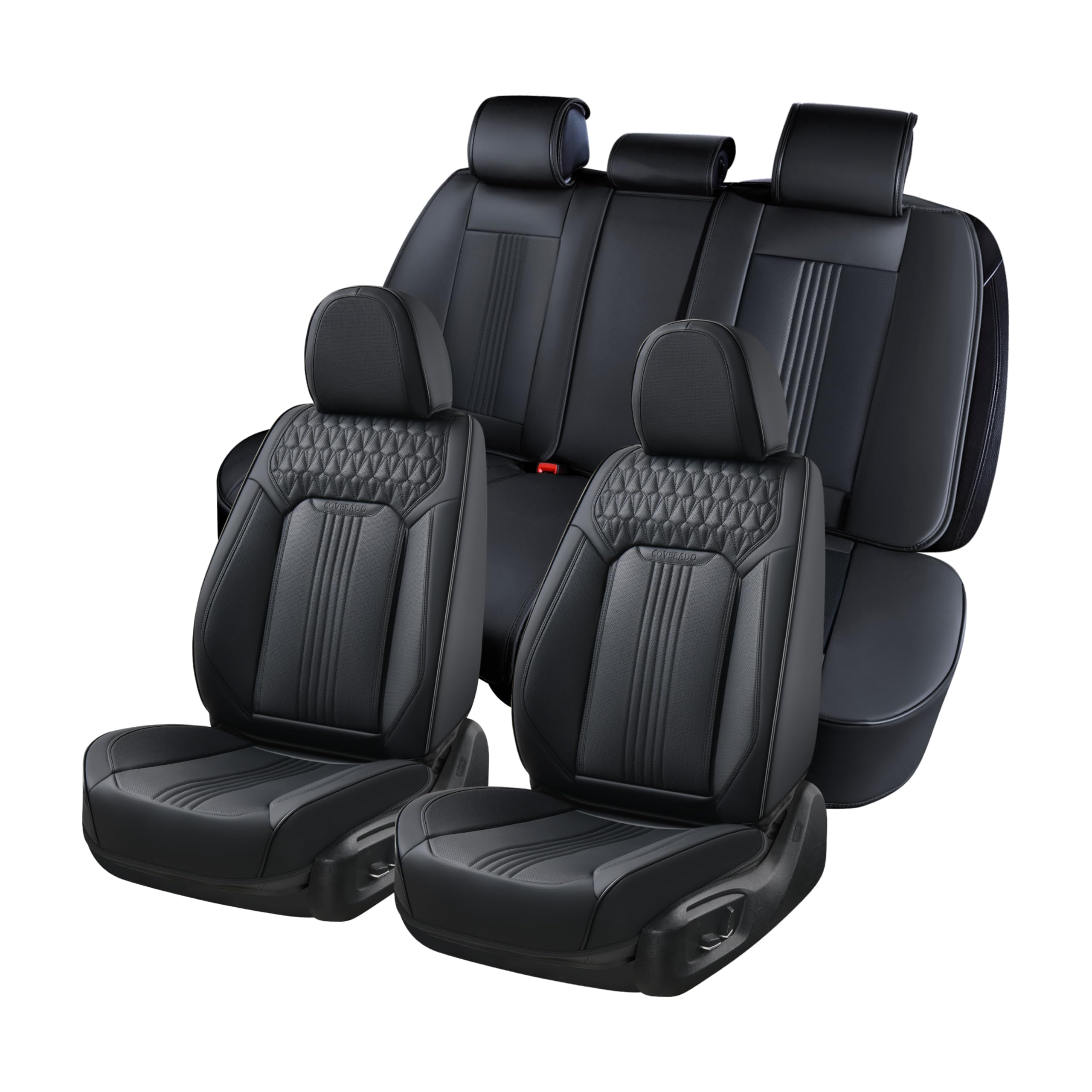 Coverado Seat Covers Full Set, Leather Car Seat Cover, Waterproof Car Seat Protector, Automotive Seat Covers Car Seat Cushion Universal Fit for Most Cars, Black
