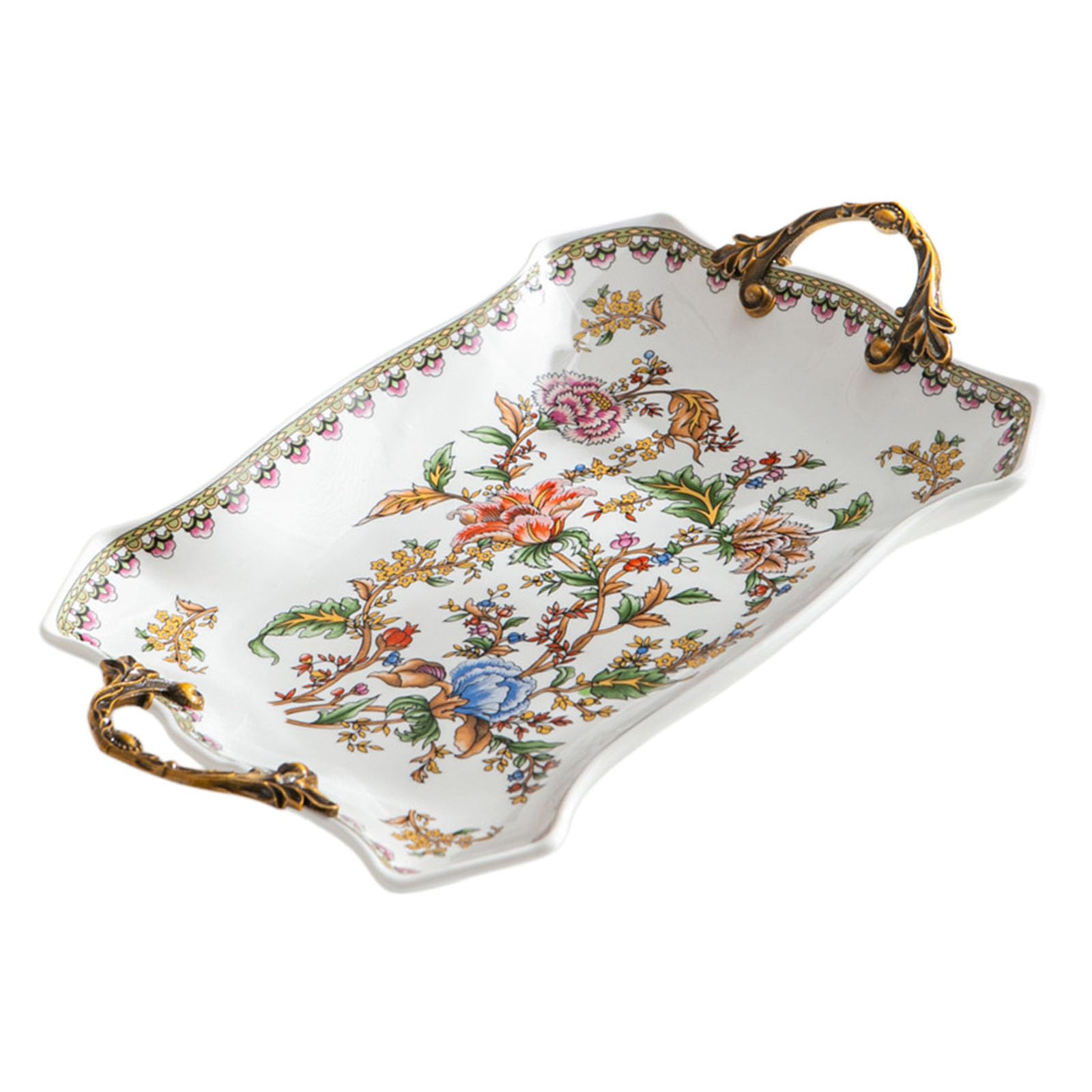 Qisuw Delicate Chinese Styles Ceramic Tray with 6.50Cm Depth Traditional Double Handle Dishes for Fruits and Snacks Storage Elegant Party Tray