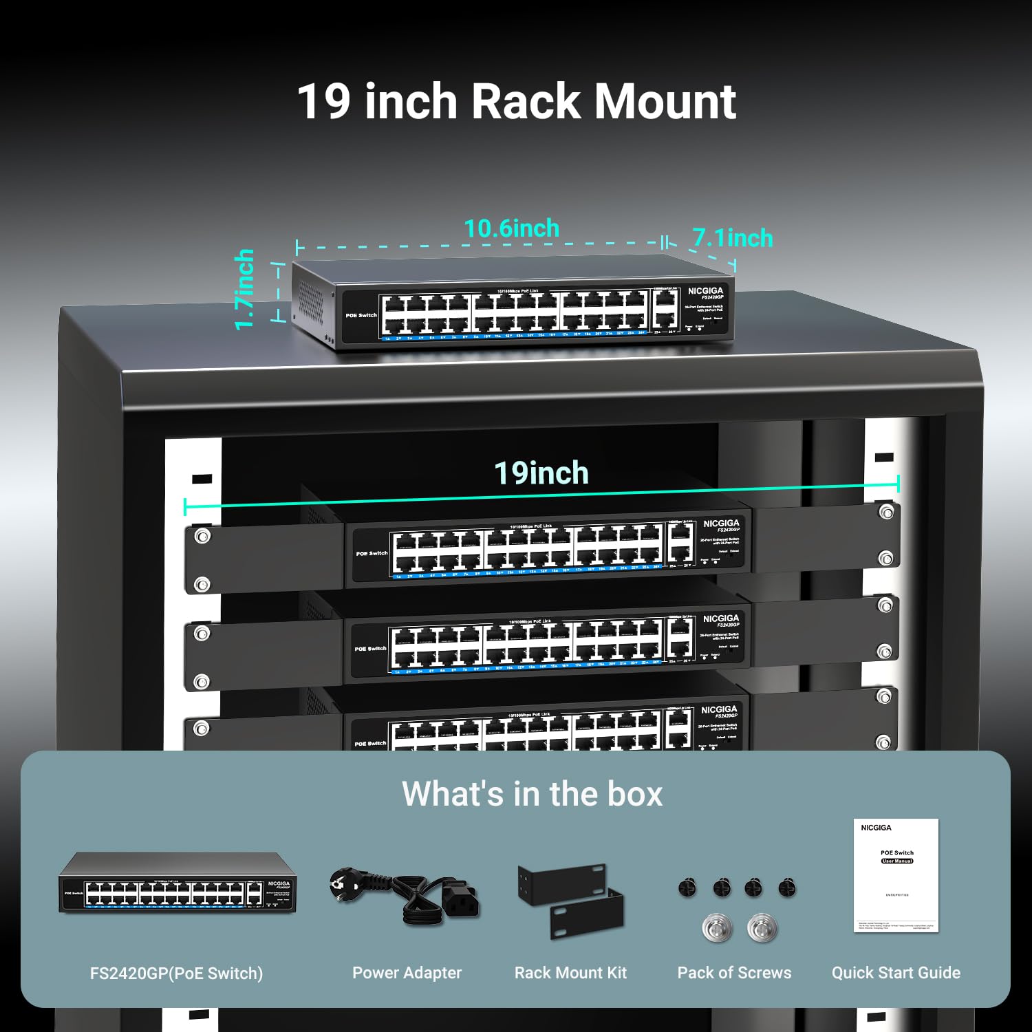 24 Port PoE Switch Unmanaged, 24 Port PoE+@400W, 2 Gigabit Uplink Ports, NICGIGA 26 Port Network Power Over Ethernet Switch, VLAN Mode, 250m Extend, 19 inch RackMount, Plug and Play. — view 7