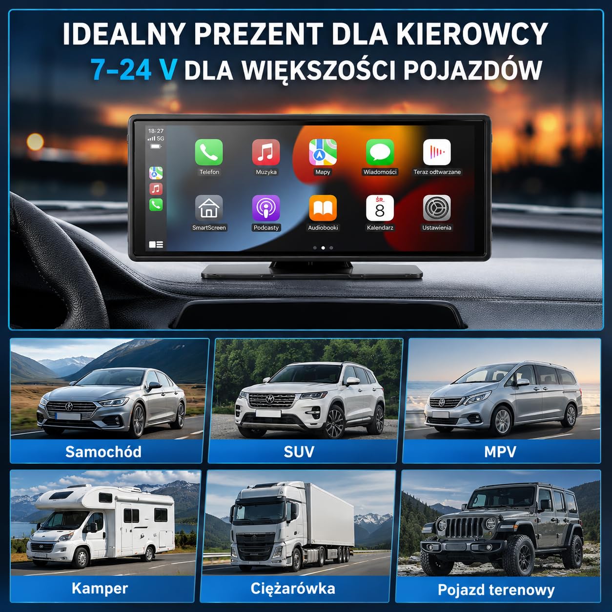 10,26" Przenośny Ekran Samochodowy z Bezprzewodową Obsługą CarPlay i Android Auto, Ekran Dotykowy do Samochodu z Kamerą do 4K i Kamerą Cofania 1080P, Bluetooth/FM/AUX, Mirror Link