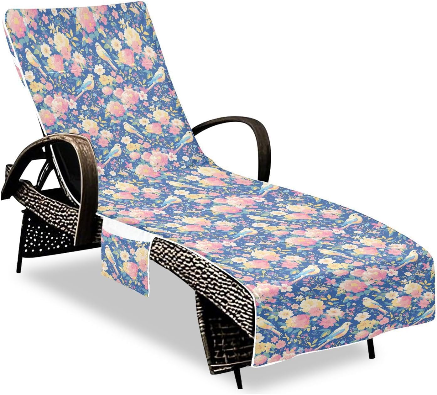 Cartoon Cute White Bird Flowers Decorative Patio Lounge Chair Cover Soft Absorbent Patio Furniture Cover with 3 Pockets for Beach Garden Courtyard Trips, para muebles de patio 85" X 30"