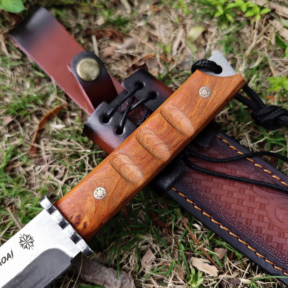 Cuchillos de hoja fija Caza está hecho de acero M390 tanto Mango De Madera, Con Funda De Cuero, Camping De Supervivencia Para Outdoor Supervivencia y Camping (V)