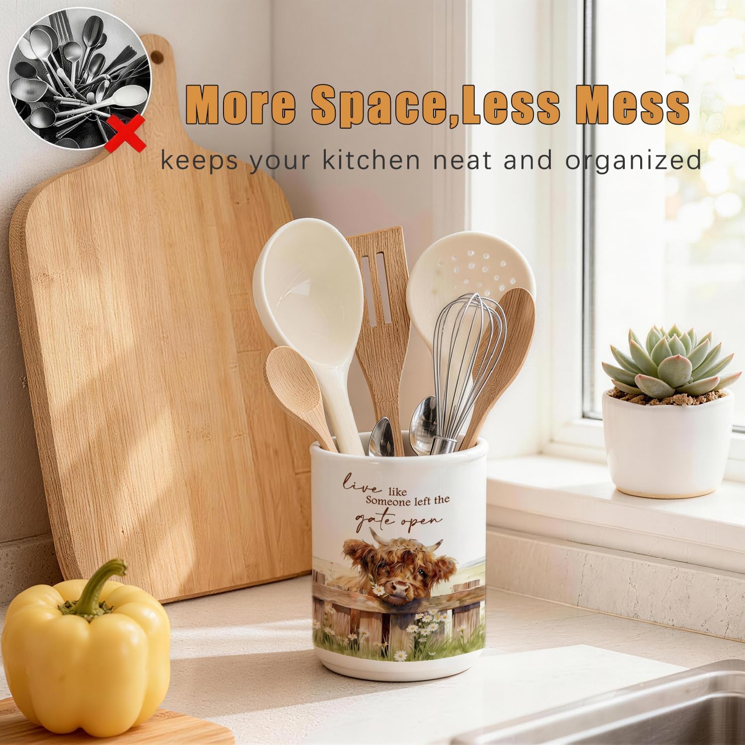 Farmhouse Highland Cow Ceramic Utensil Holder for Kitchen Counter, Live like Someone Left the Gate Open 5.4" Cooking Crock Utensil Holder for Countertop, Highland Cow Decor Gifts for Women