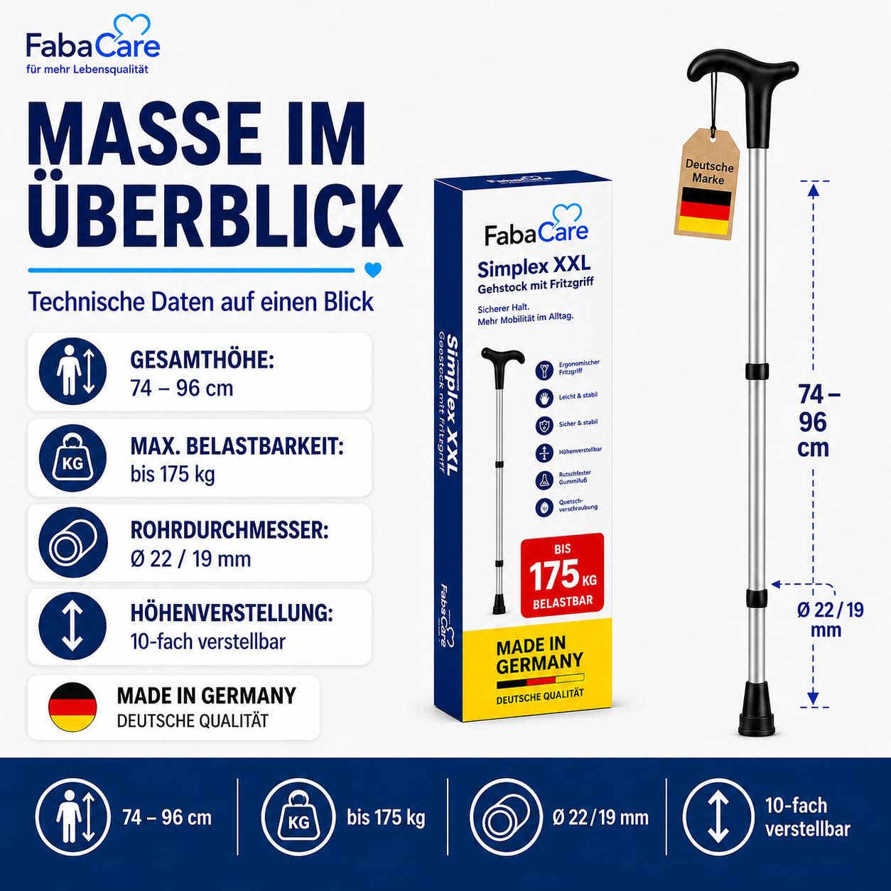 FabaCare Gehstock Simplex XXL, Gehstütze mit Fritzgriff, höhenverstellbar, extra leicht, bis 175 kg, Silber Eloxiert