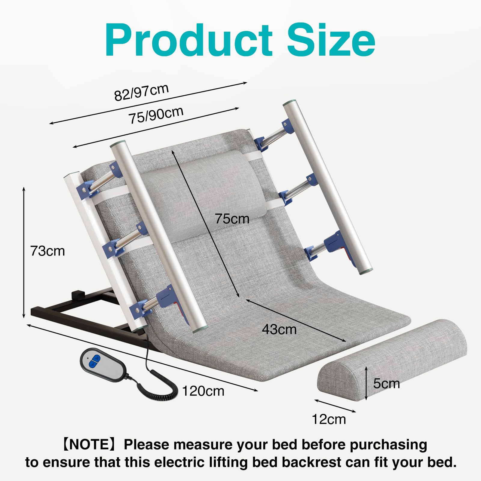 Respaldo eléctrico ajustable en 2-80°, hasta 300 kg, 120 x 82 cm, respaldo eléctrico elevable, ayuda eléctrica para cama con reposabrazos plegable para personas mayores/embarazadas