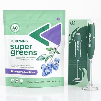 Delicious Greens Superfood Powder and Electric Whisk Bundle - Super Greens and Hand Frother - Over 40 Superfoods in Each Serving - Blueberry Acai Bliss