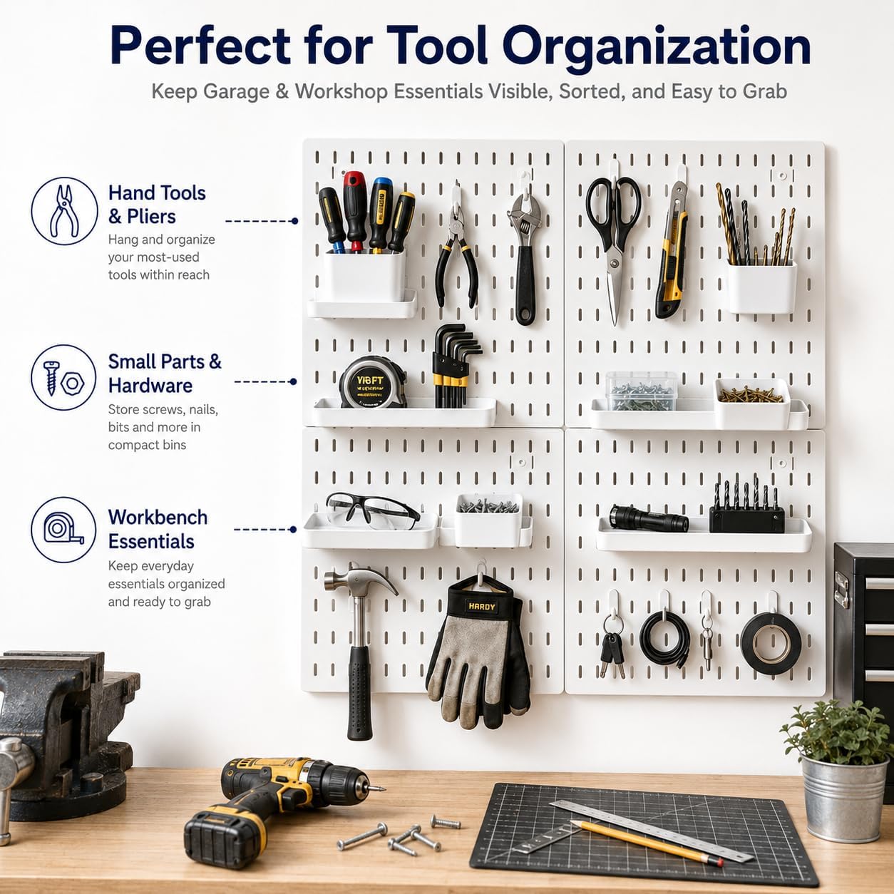 PSLER 22"×22" White Pegboard Kit with 17 Accessories, Garage Office Storage | Pegboard，Complete Hooks Accessories Kit, Multi-scene Organizer, Wall Mount Space Saving,Fits All Wall Surfaces