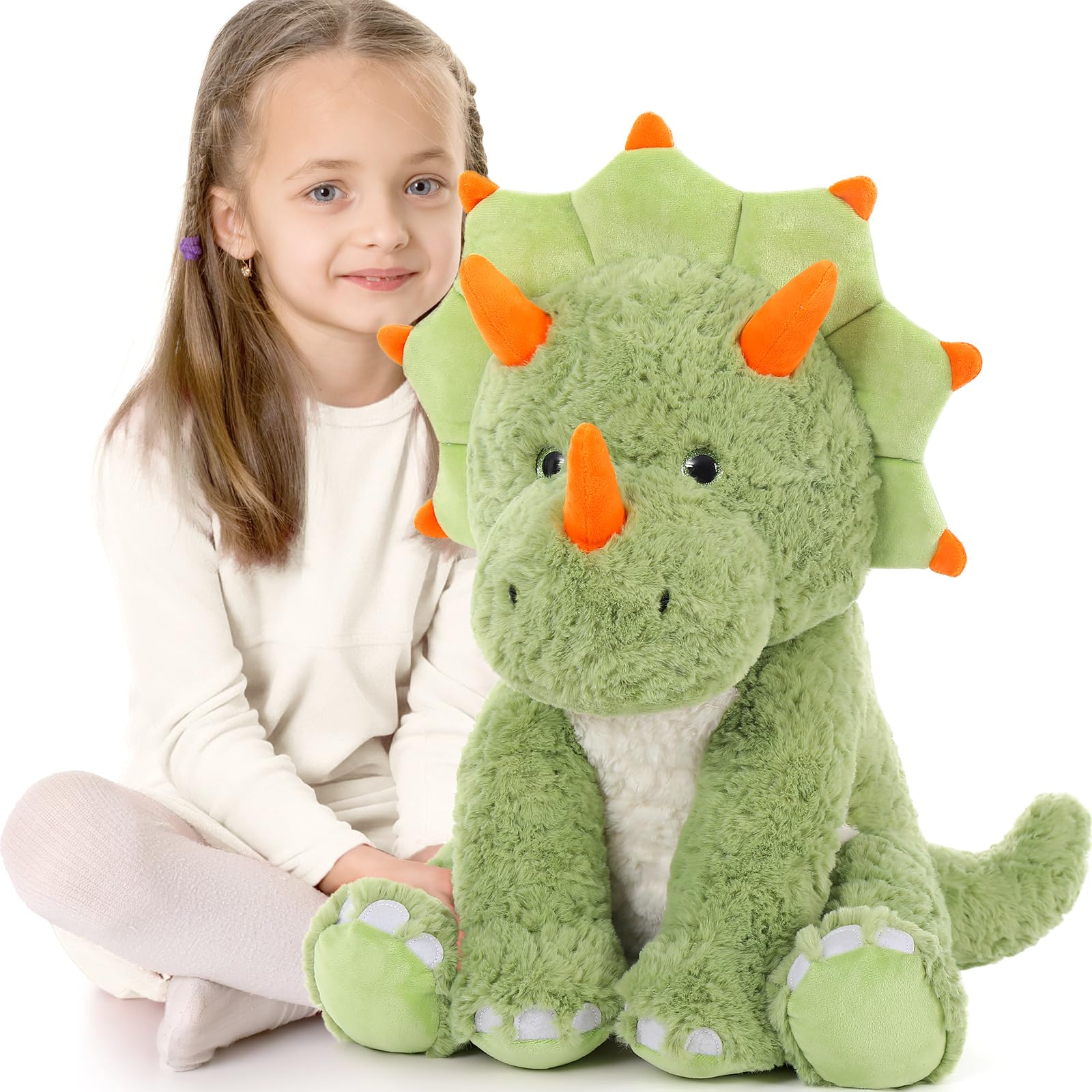 MorisMos Peluche gigante de dinosaurio, 60 cm, color verde, Triceratops, juguete de peluche grande, Kawaii suave, animales de peluche, regalo para niños y niñas cumpleaños Deco