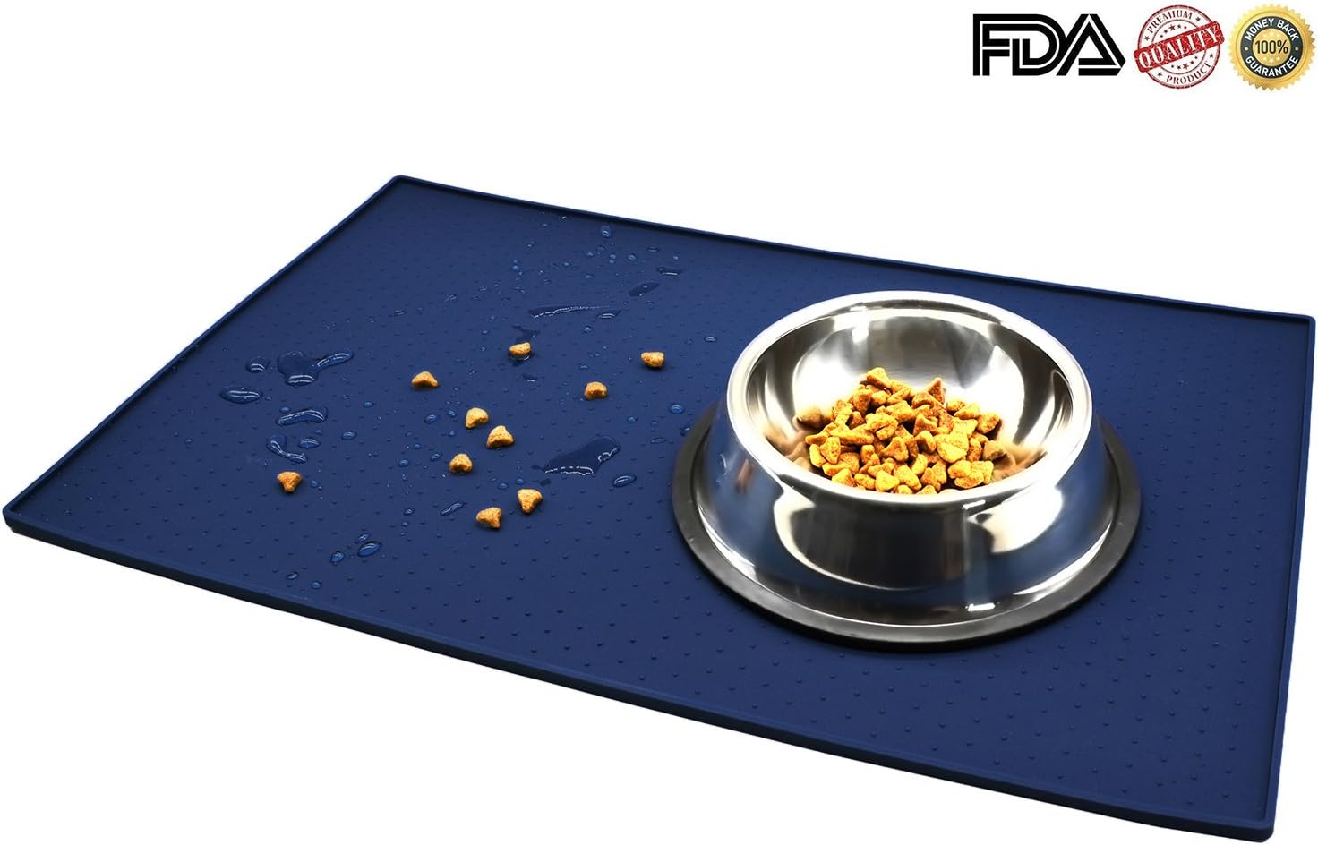 Pet Food Mat, FDA Food Grade Silicone Pet Feeding Mat for Dogs and Cats, Non Slip, Flexible and Washable, Protect Floor from Food and Water Spills (Blue)