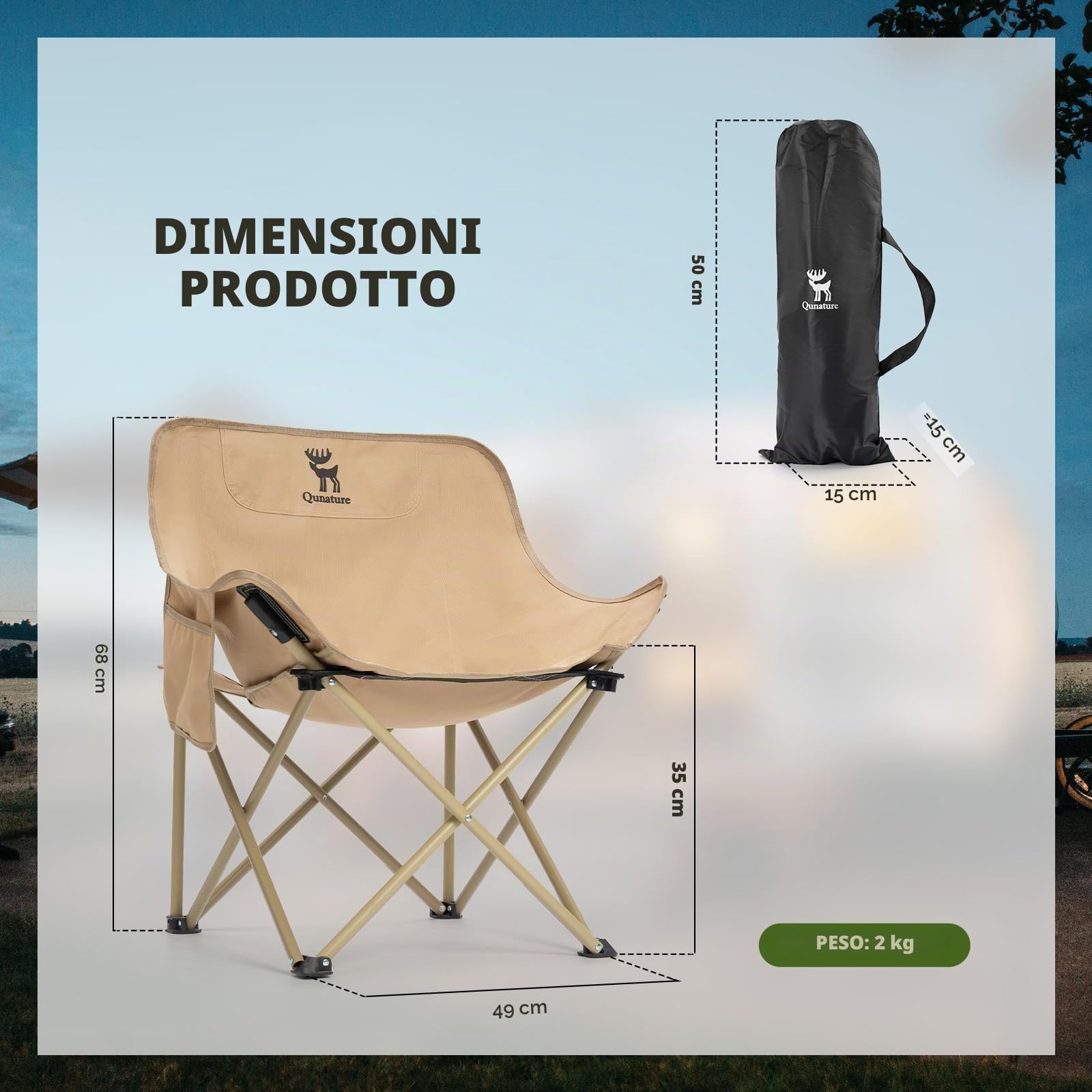 2 Pezzi Sedia da Campeggio Pieghevole Max Portata 120kg per Adulti | Larghezza Seduta 60cm, Tasche Laterali, Portatile con Borsa da Trasporto, Sedie per Pesca Spiaggia Giardino, Kaki