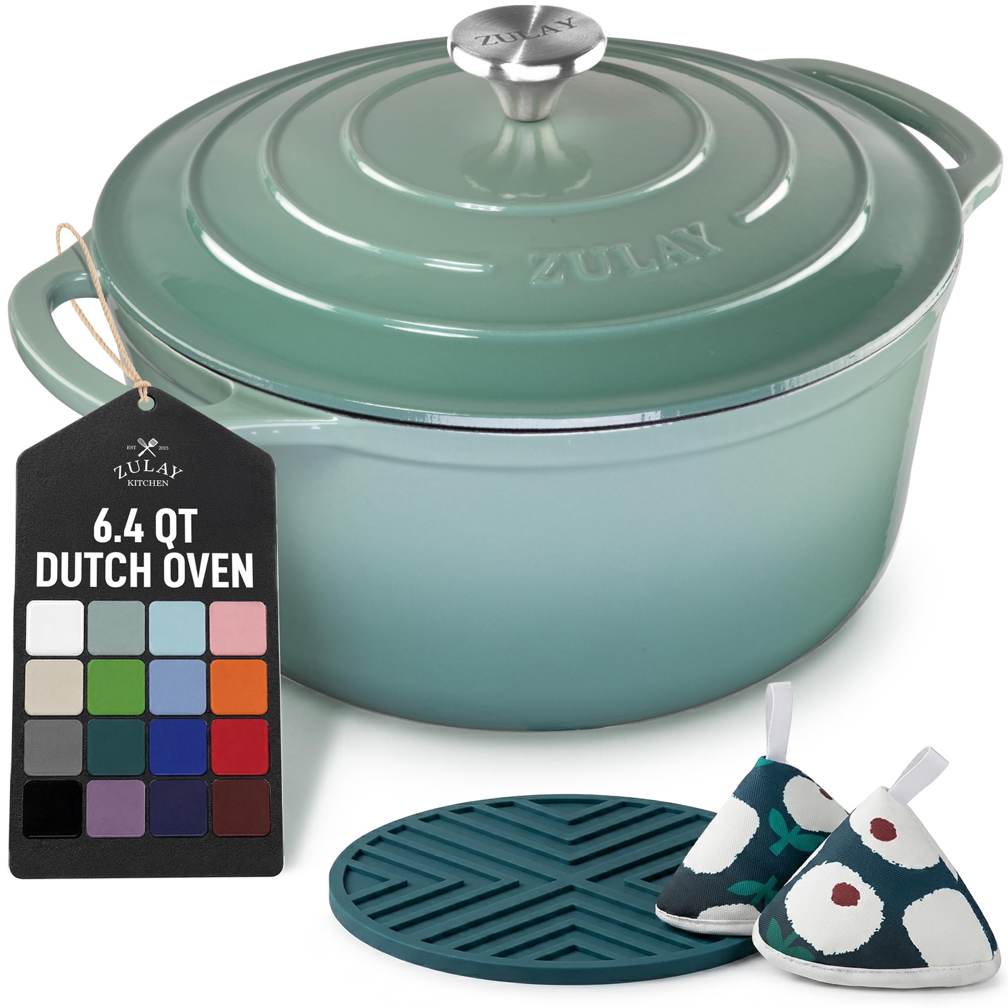 Zulay Kitchen 6.4QT Enameled Cast Iron Dutch Oven Pot with Lid, Heavy-Duty Soup Pot for Stews, Braising, Roasting &amp; Sourdough Bread Baking, Oven Safe up to 500°F - Aventurine