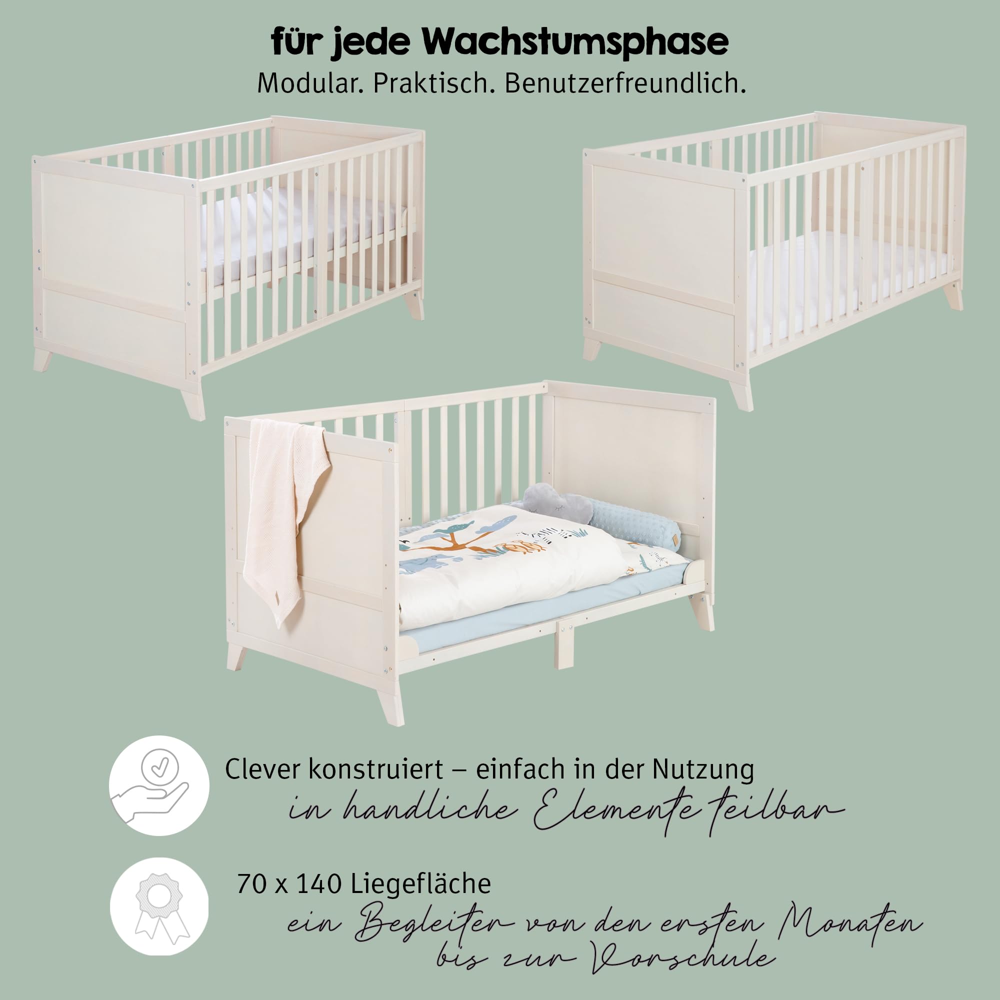 roba Conjunto Completo de Cuna Savanna Friends - Cuna para bebé 70 x 140 cm de Madera Incl. colchón Ropa de Cama Dosel y Barra de Dosel - Evolutiva Desde 6 Meses - Gris Natural