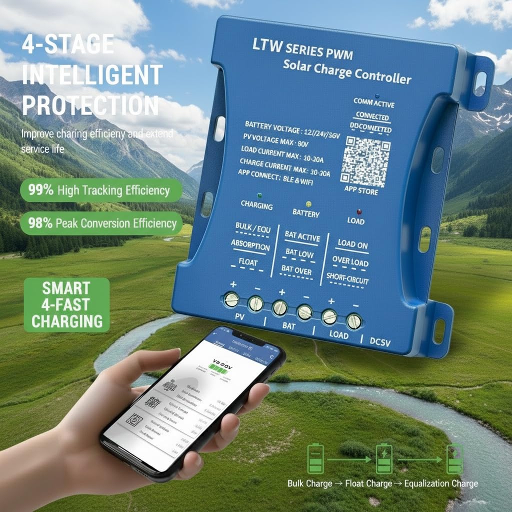 Regolatore solare 20A con WiFi & Bluetooth, PWM 12V/24V/36V per veicoli, ingresso PV 80V, regolazione tramite applicazione per batterie piombo-acido/LiFePO4/litio, ideale per camper/casa/installazione