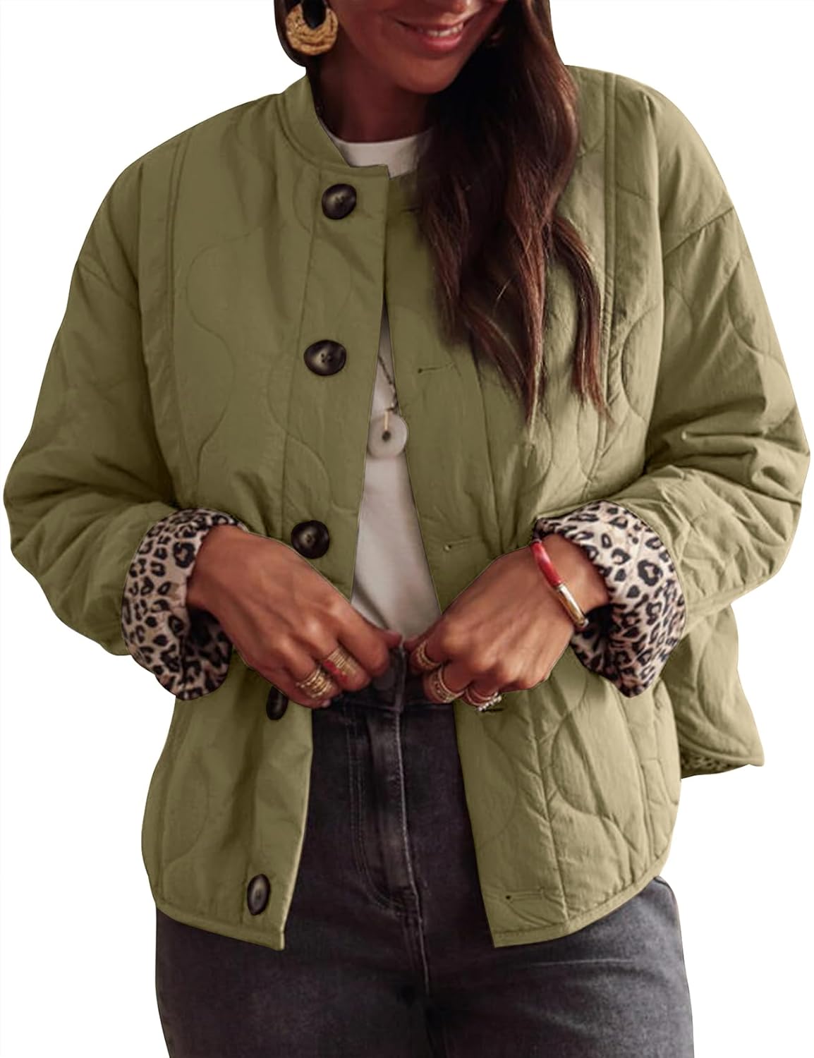 PEHMEA Women's Quilted Lightweight Jackets, Button Down Casual Coat Leopard Lining Bomber Outerwear with Pockets