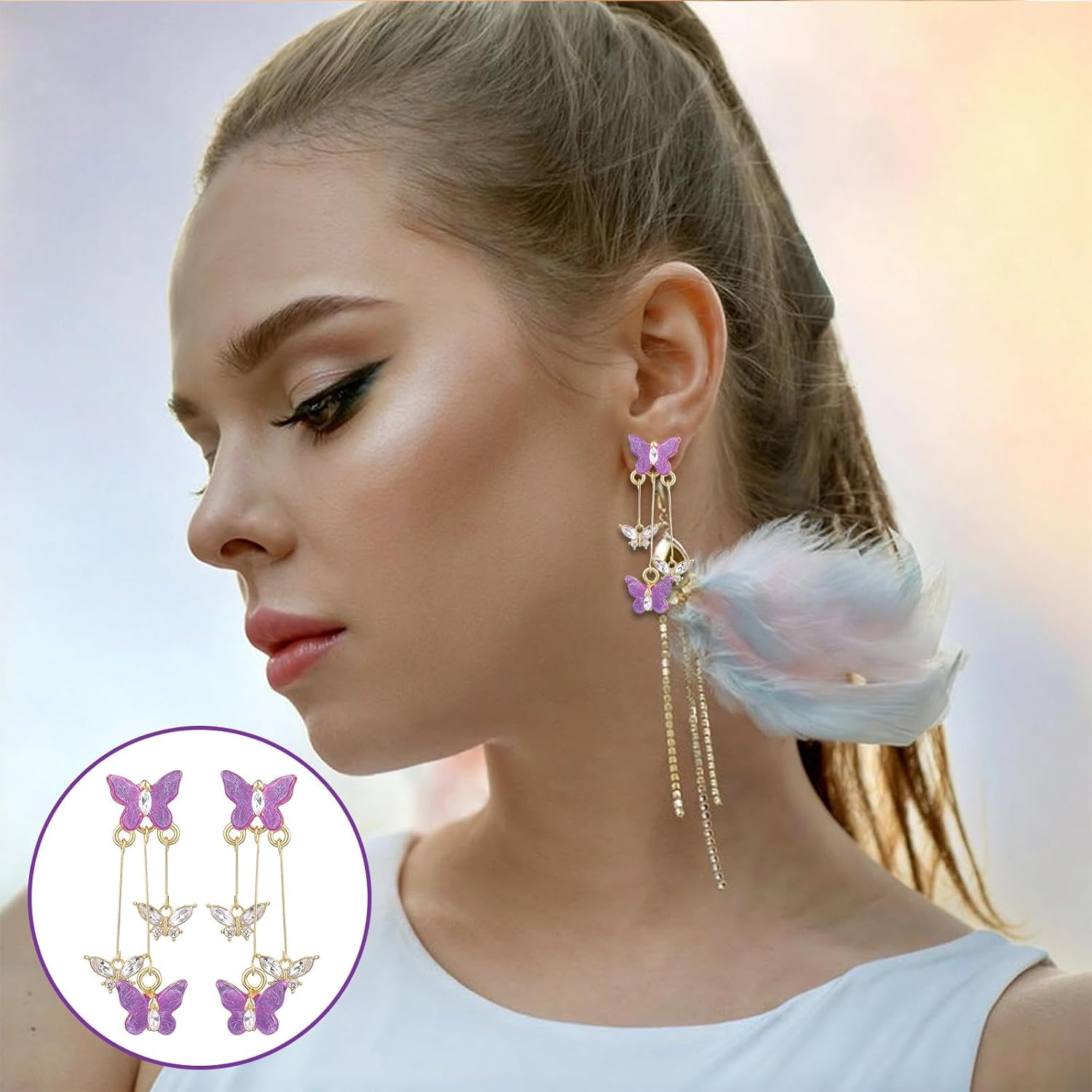 1 Pair Purple Butterfly Earrings with Long Tassel, Elegant Purple Earrings for Women, Butterfly Dangle Earring for Women Gifts - Image 4