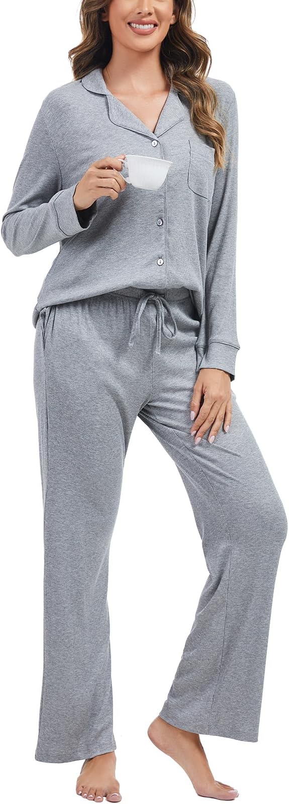 Women's Pajama Sets Long Sleeve Button Down Sleepwear Soft 2 Piece Pjs Ribbed Knit Lounge Set Nightwear