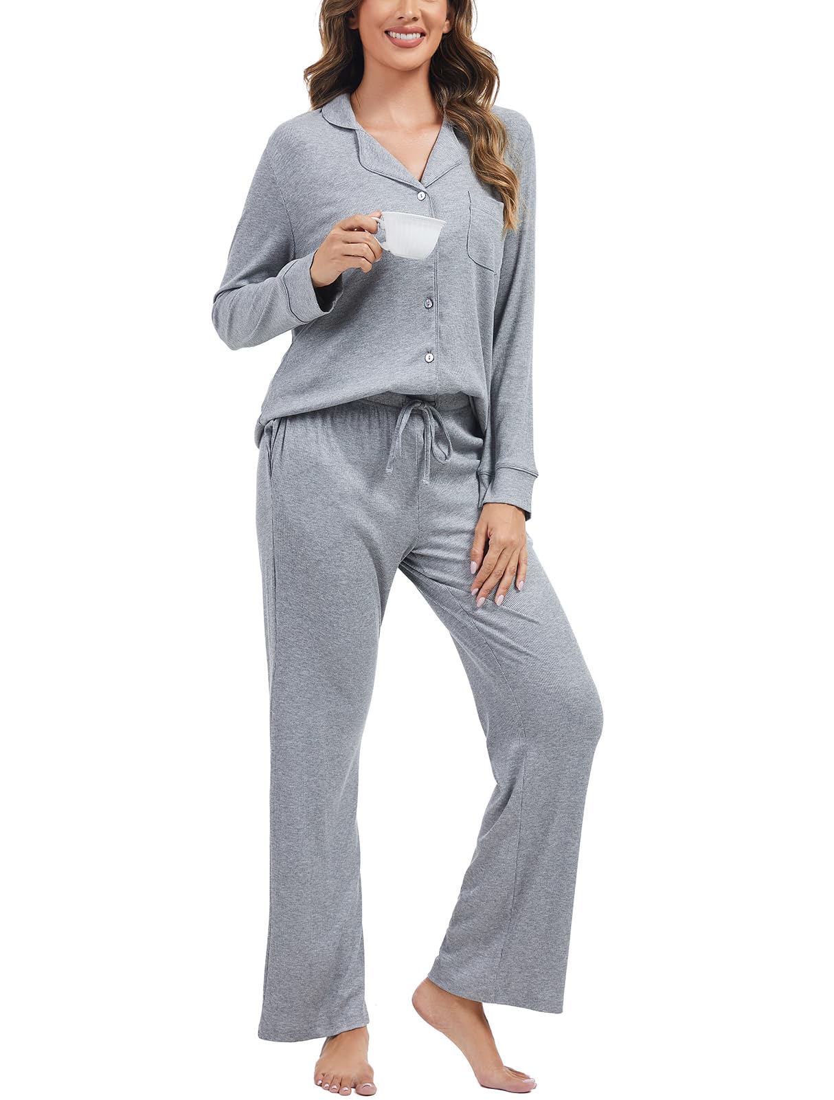 Women's Pajama Sets Long Sleeve Button Down Sleepwear Soft 2 Piece Pjs Ribbed Knit Lounge Set Nightwear
