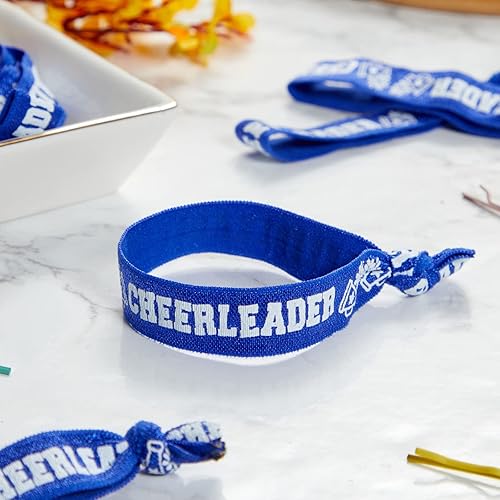 Miniatura 2 de Paquete de 50 pulseras azules para niñas, soporte para cola de caballo para regalos de animadora, diseño de pompones (4 pulgadas)