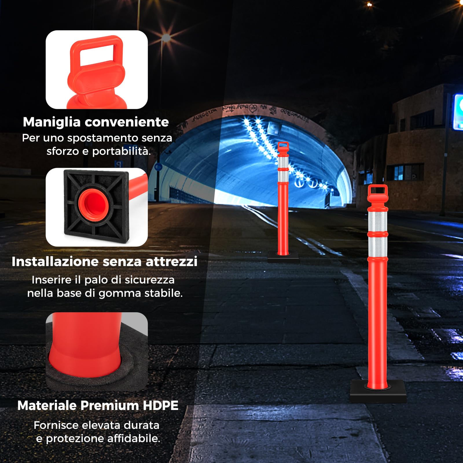 COSTWAY Set di 3 Segnaletici Stradali, Barriera di Sicurezza per Traffico con Base in Gomma, Strisce Riflettenti, Maniglia, 30 x 30 x 114,5 cm