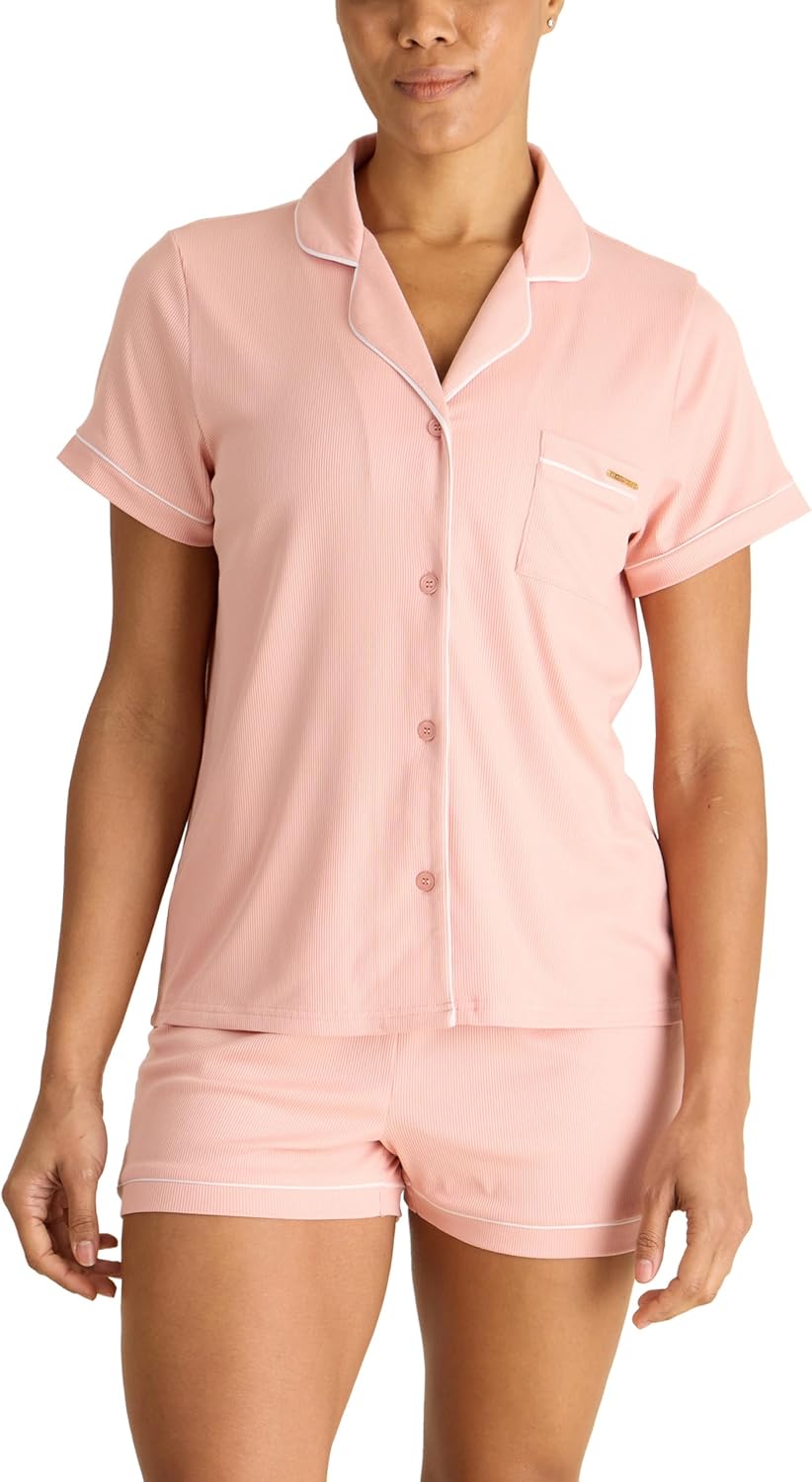 BCBGMAXAZRIA womens Ribbed Pajama Set Short Sleeve Notch Collar With Shorts