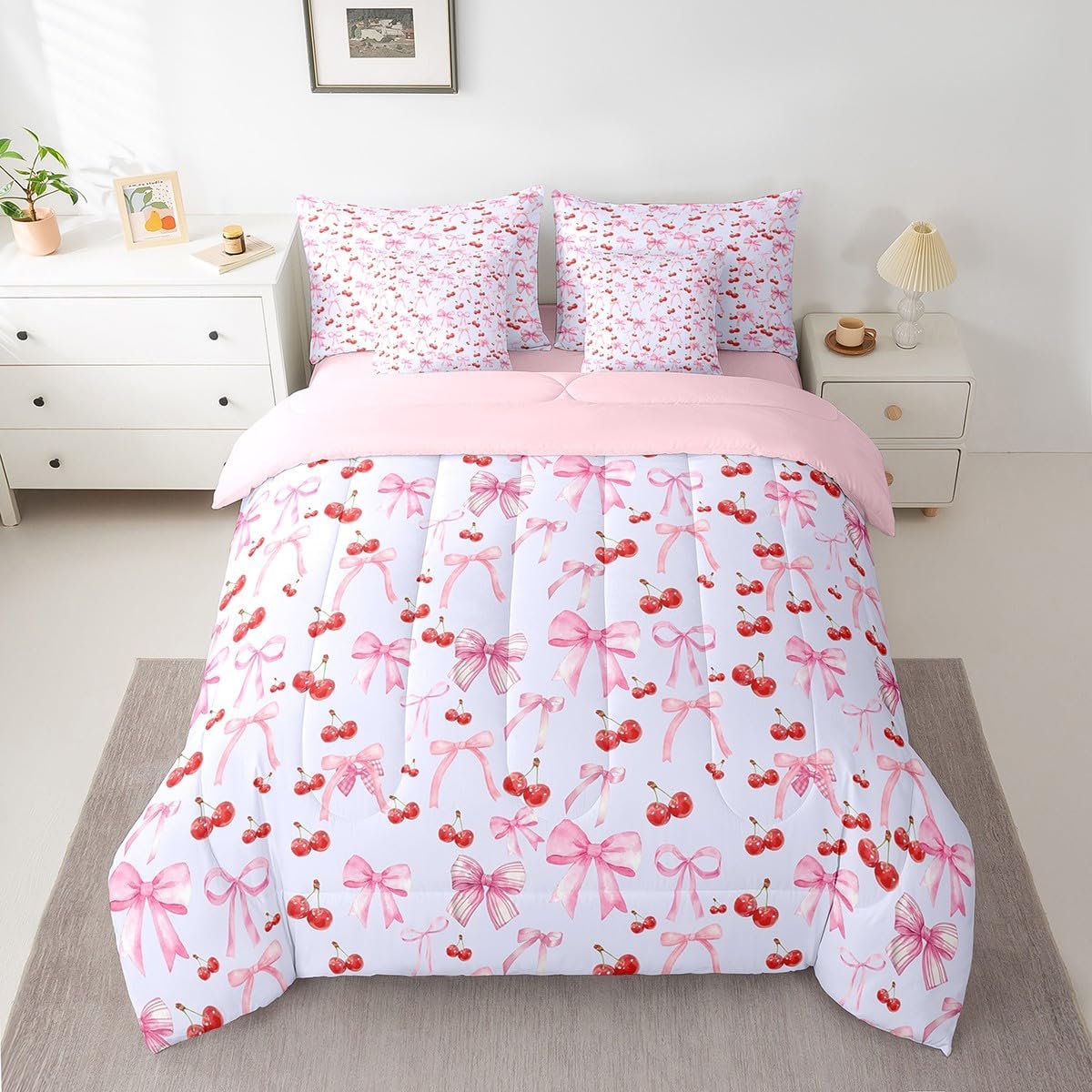 Feelyou Bow Cherry 7 Pieces Bedding Set, King Size Watercolor Bow Bed Set for Boys Girls Teens Bedroom Decor Blue Cute Bowknot Bed in a Bag with Comforter, Sheets, Pillowcases Women Men Fruit