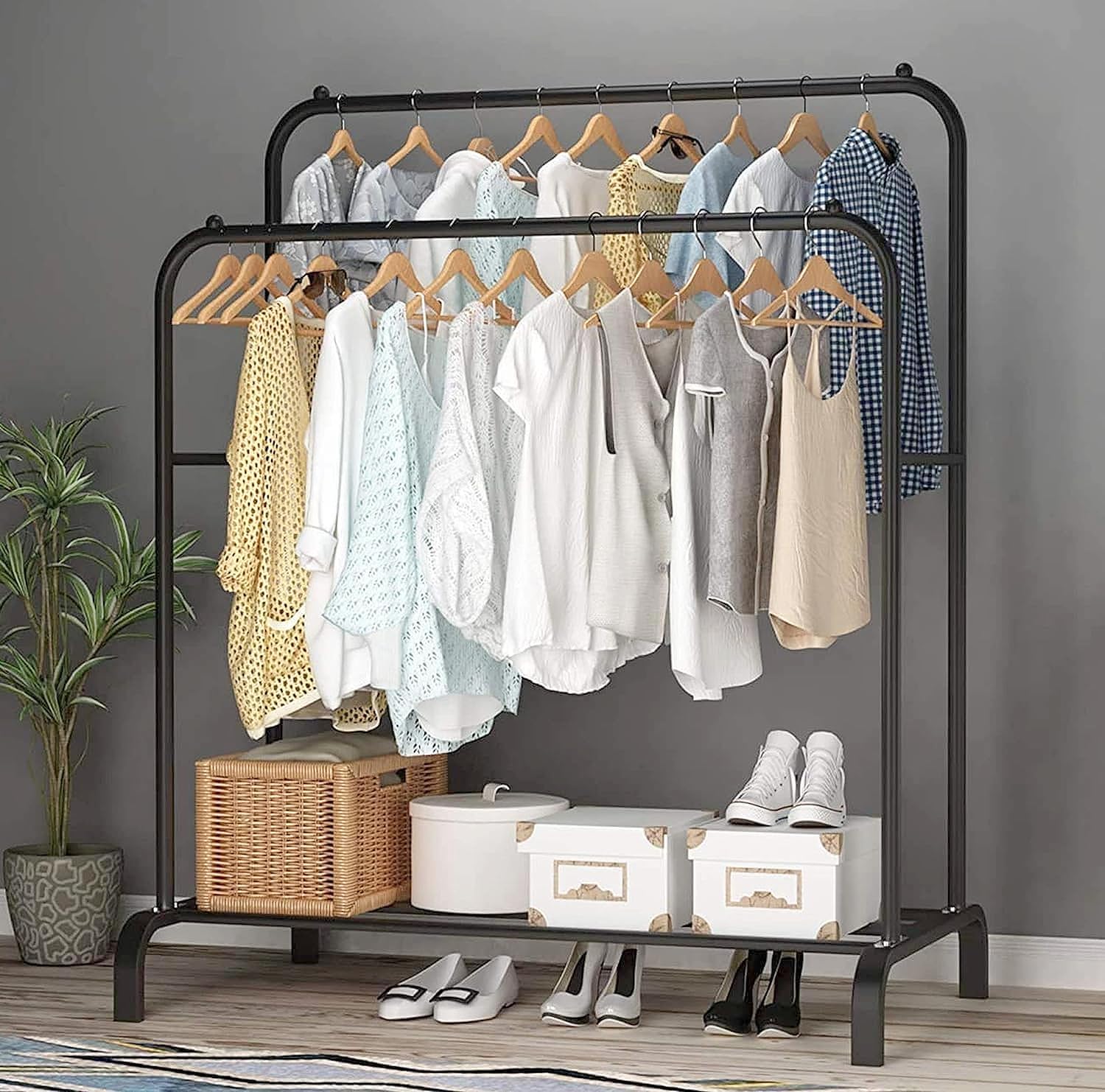 Lukzer 1PC Metal Garment Rack Multipurpose Clothes Rack with Bottom Shelf/Coat Jacket Hanger for Home Bedroom Storage Organizer Unique Display Stand (Black / 148 x 110 x 55 cm, MGS-002)