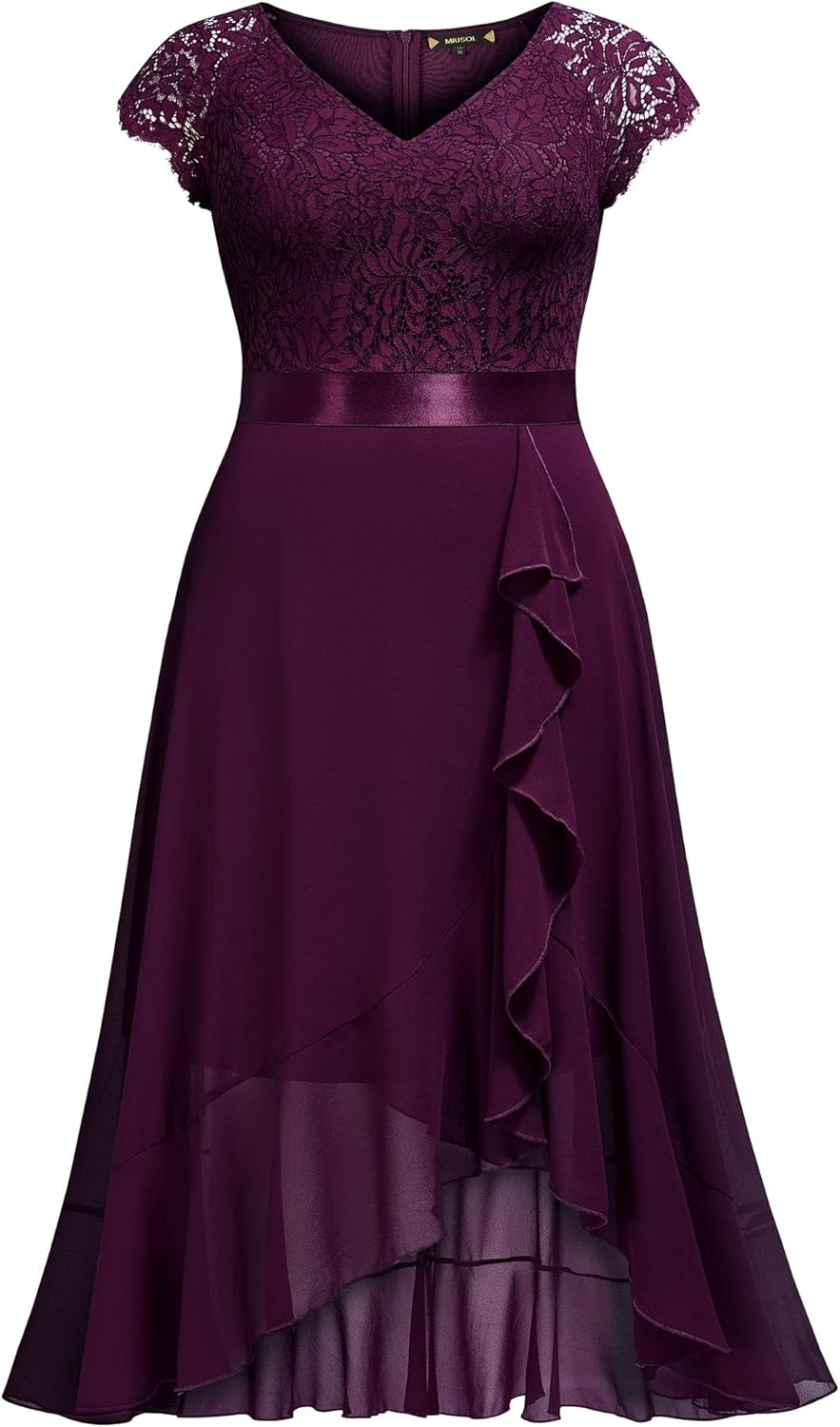 Miusol Women's Plus Size V Neck Floral Lace Ruffle Asymmetrical Hemline Elegant Bridesmaid Maxi Dress - Image 5