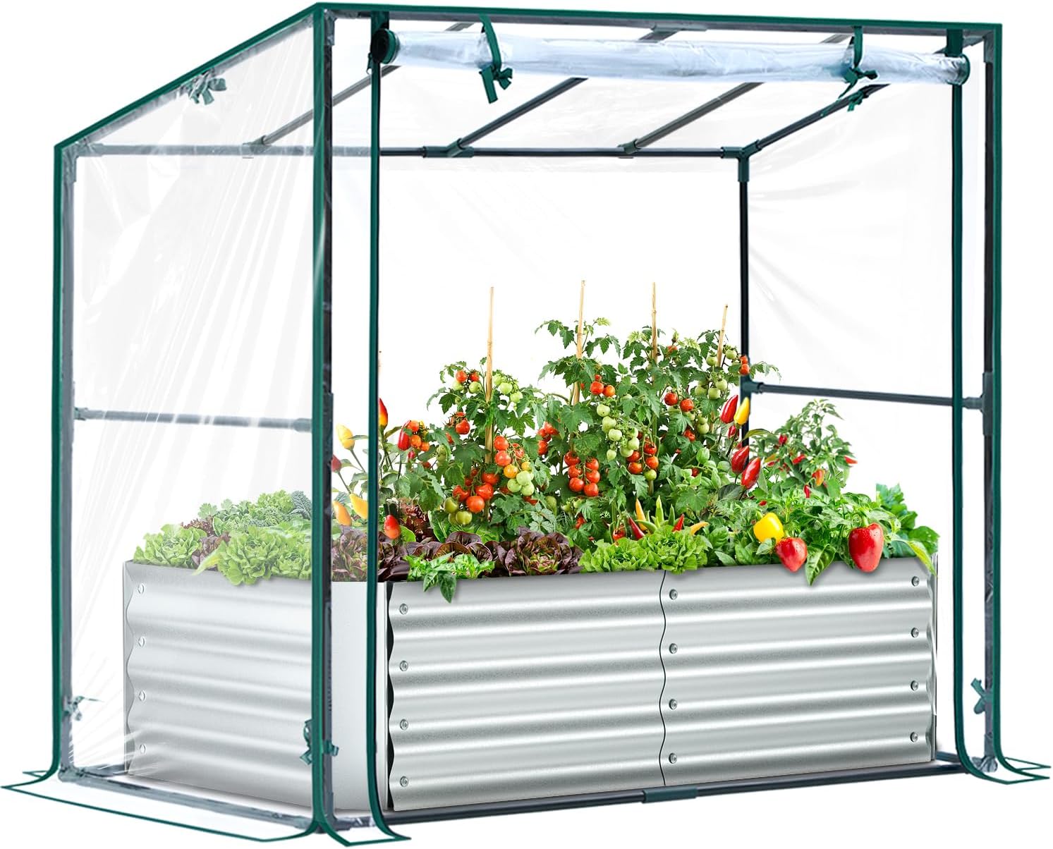 Ohuhu Raised Garden Bed with Cover Outdoor, 4x2x1 FT Galvanized Metal Planter Box with PVC Greenhouse Cover, Protects Plants from Frost Birds Insects, 3-in-1 Gardening Set for Vegetable Flower Herb