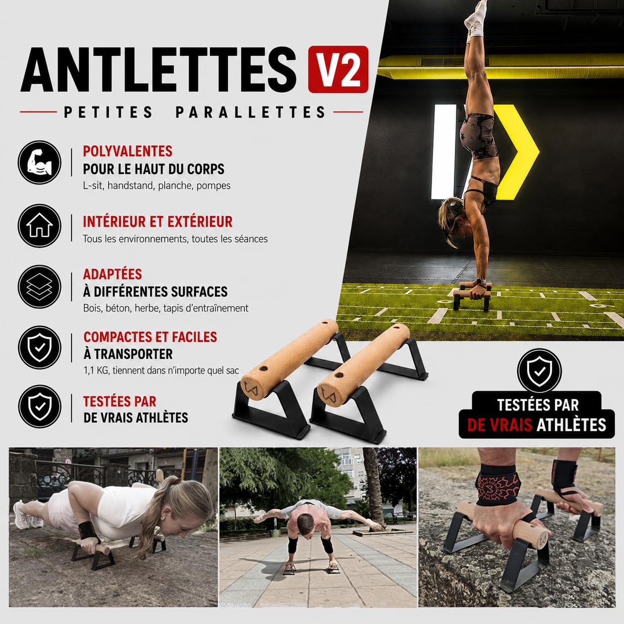 Barres Parallèles de Callisthénie Antlettes V2 en Bois et Acier | Parallettes Antidérapantes pour Pompes, Handstand, L-Sit et Équilibre | Entraînement à Domicile