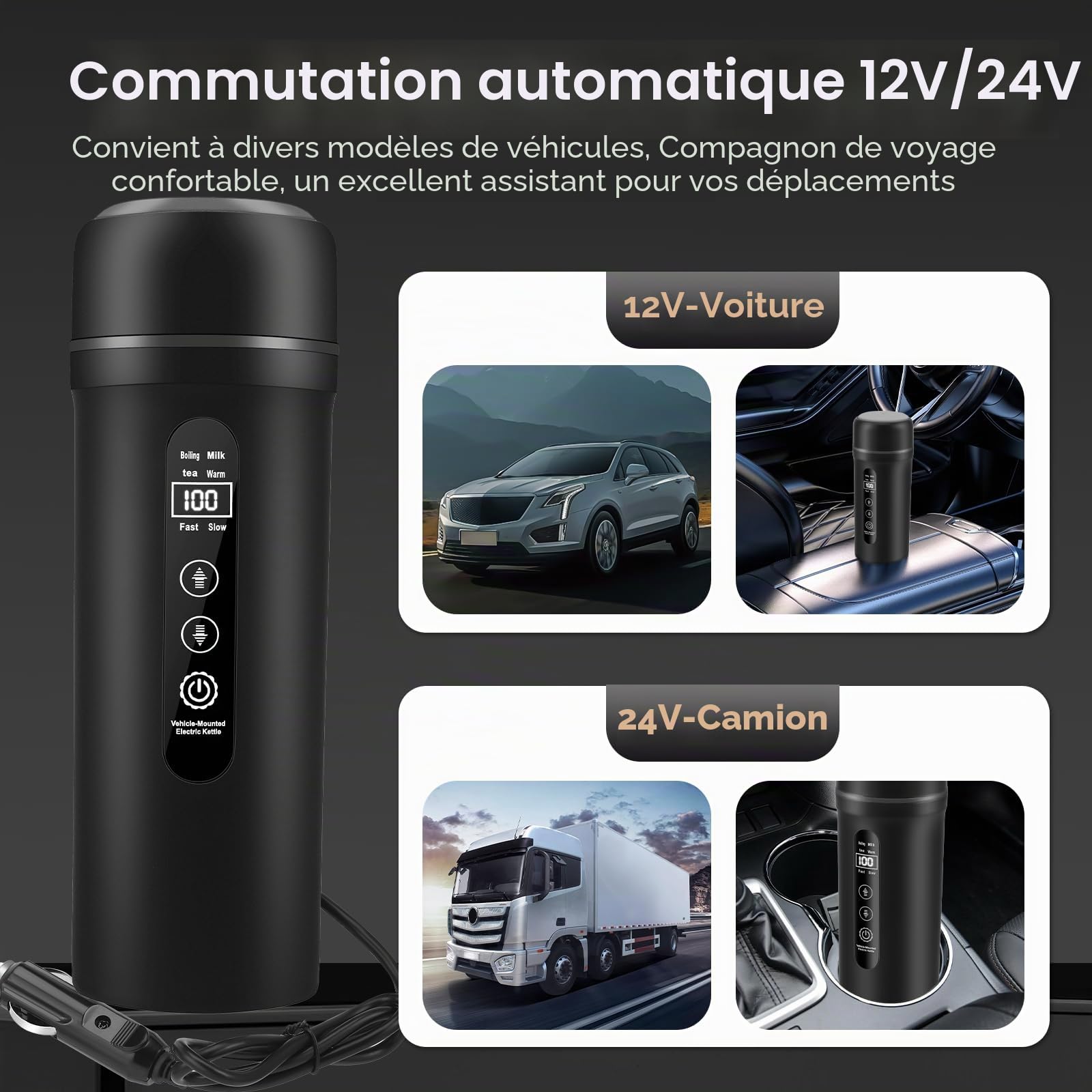 Bouilloire de voyage Bouilloire 12V 24V Auto 500ml, 316 Acier Inoxydable pour Camion Camping-Car, Mode USB-C Maintien au Chaud (45-55°C), Bouilloire Batterie Intelligent LCD Tactile Longue Distance