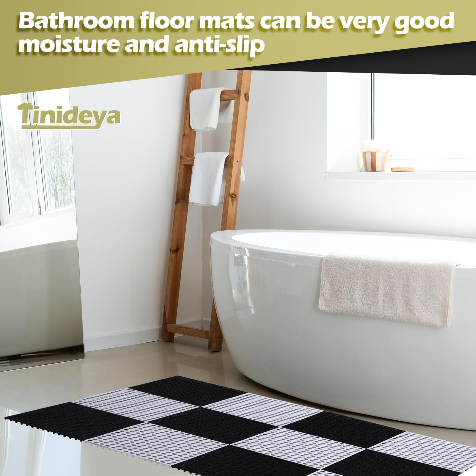 Tinideya 50 Pcs Drainage Interlocking Floor Tiles, 12'' x 12'' Soft TPE Non Slip Shower Floor Tiles for Pool Bathroom Shower Balcony Patio Locker Room Basement Stairs(Black and White) — Amazon image 5