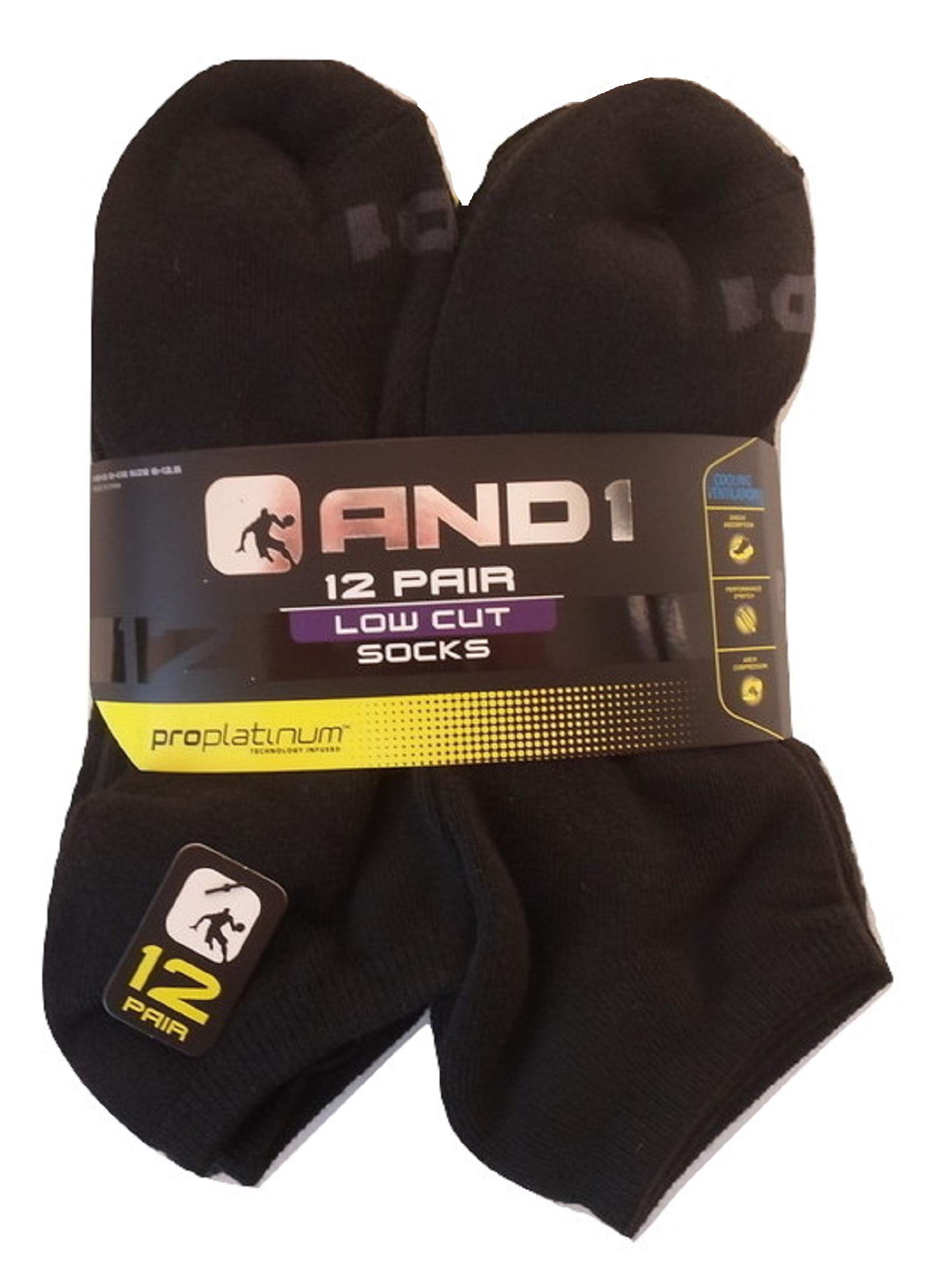12 PAIRS AND1 Black Low Cut Ankle Socks Mens Size 6-12.5 And 1 Proplatinum