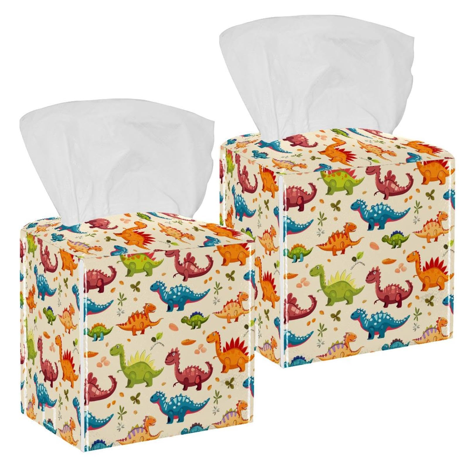 Cartoon Dinosaur Tissue Box Cover, 2 Pack PU Leather Square Facial Tissue Dispenser Box holder for Home Office Car