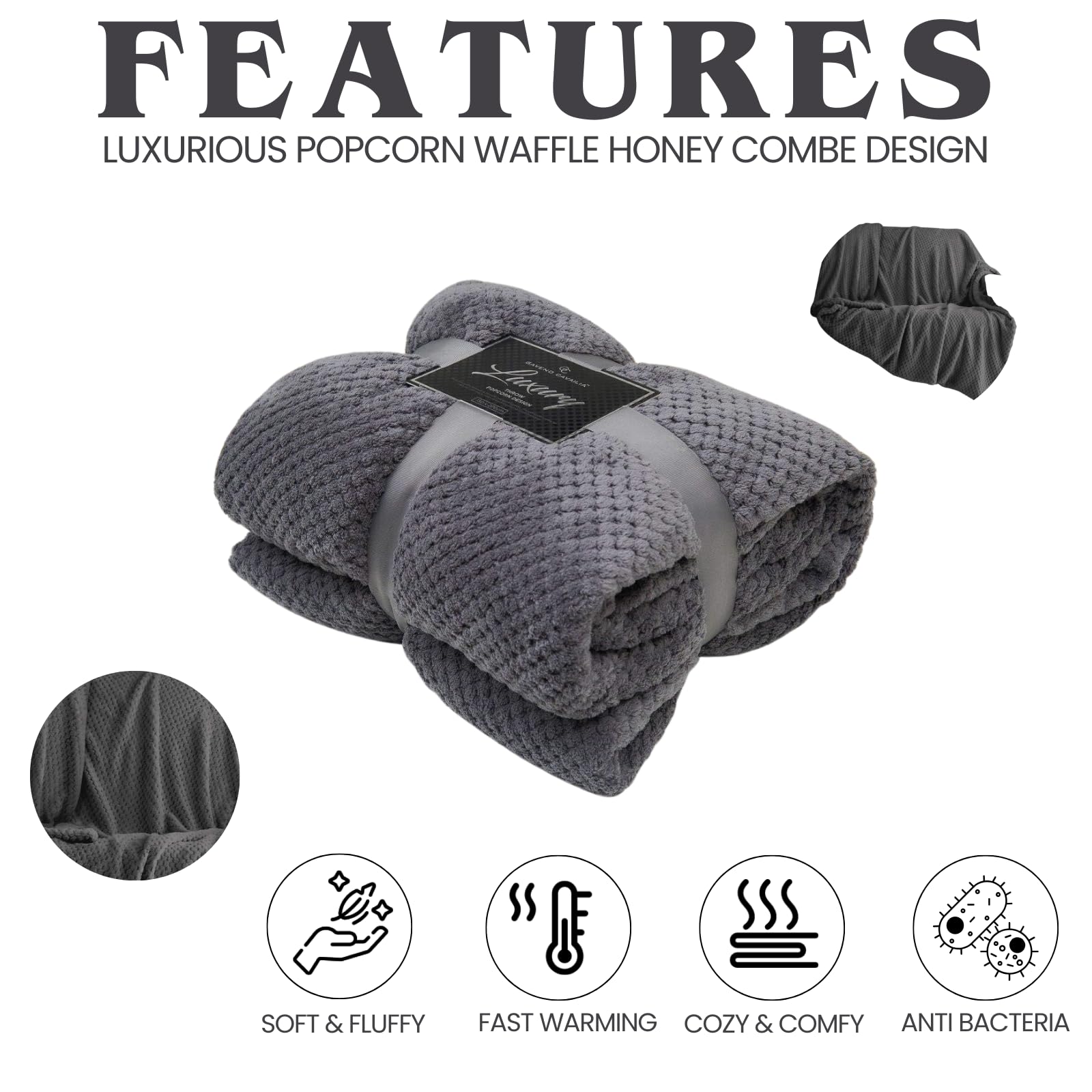 Dolce Vari Premium Waffle Whisper Fleece Throw Blankets Honeycomb Super Soft Warm Cozy Over Sofa Bed Throw Blanket (Charcoal, Single) - Image 2