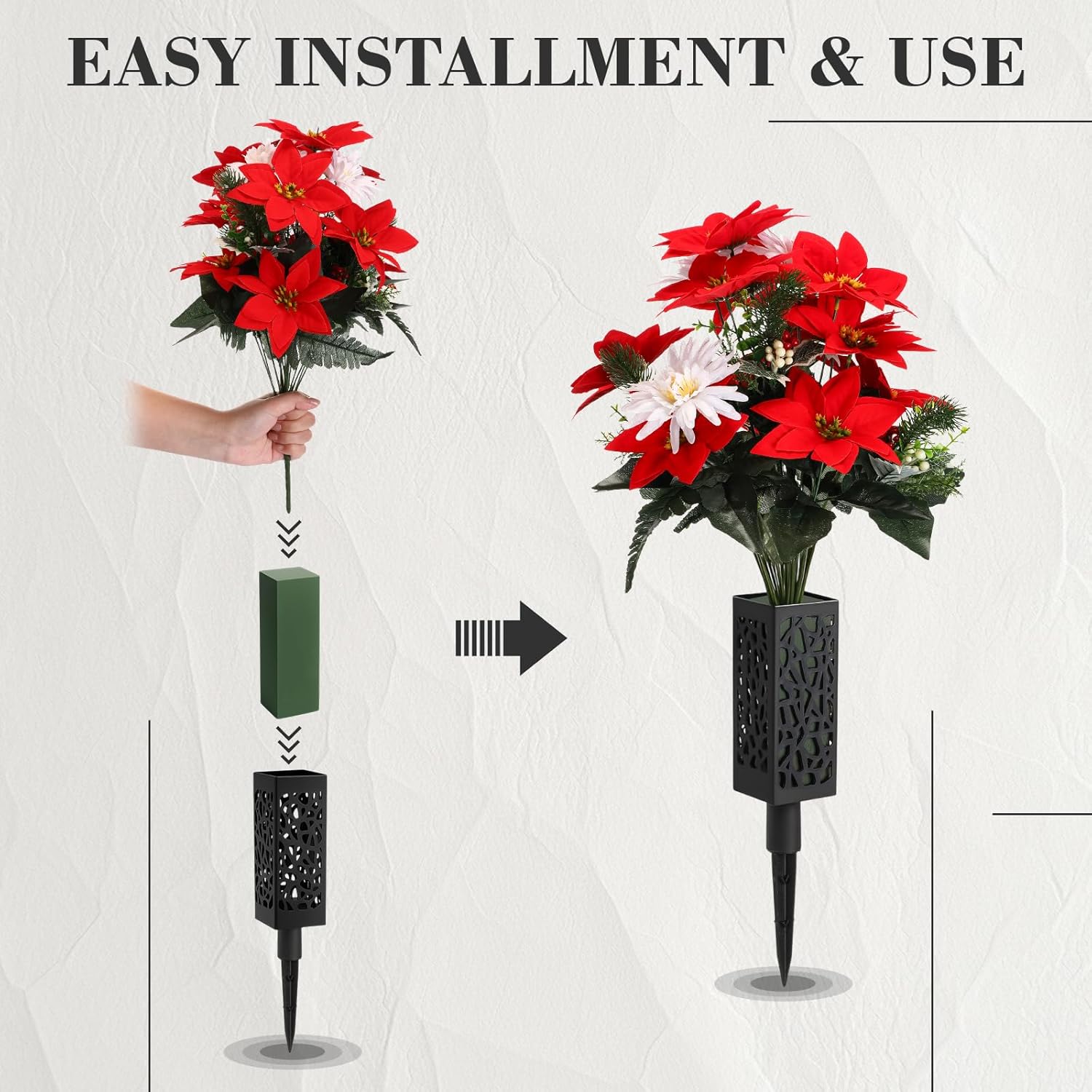 2 Set 26 inch Christmas Cemetery Flowers for Grave 18 Stems Artificial Red Faux Velvet Poinsettias Bouquets for Christmas Home Decorations, Holiday Bush, Indoor Floral, Cemetery Flowers