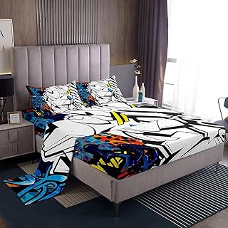 Castle Fairy Graffiti Hippie Sheet Set Kids Boys Girls Street Art Design Fitted Sheets Set Full Size Color Hip Hop Pattern Bedding Sheet Sets Includes 1 Flat Sheet,1 Fitted Sheet,2 Pillowcases