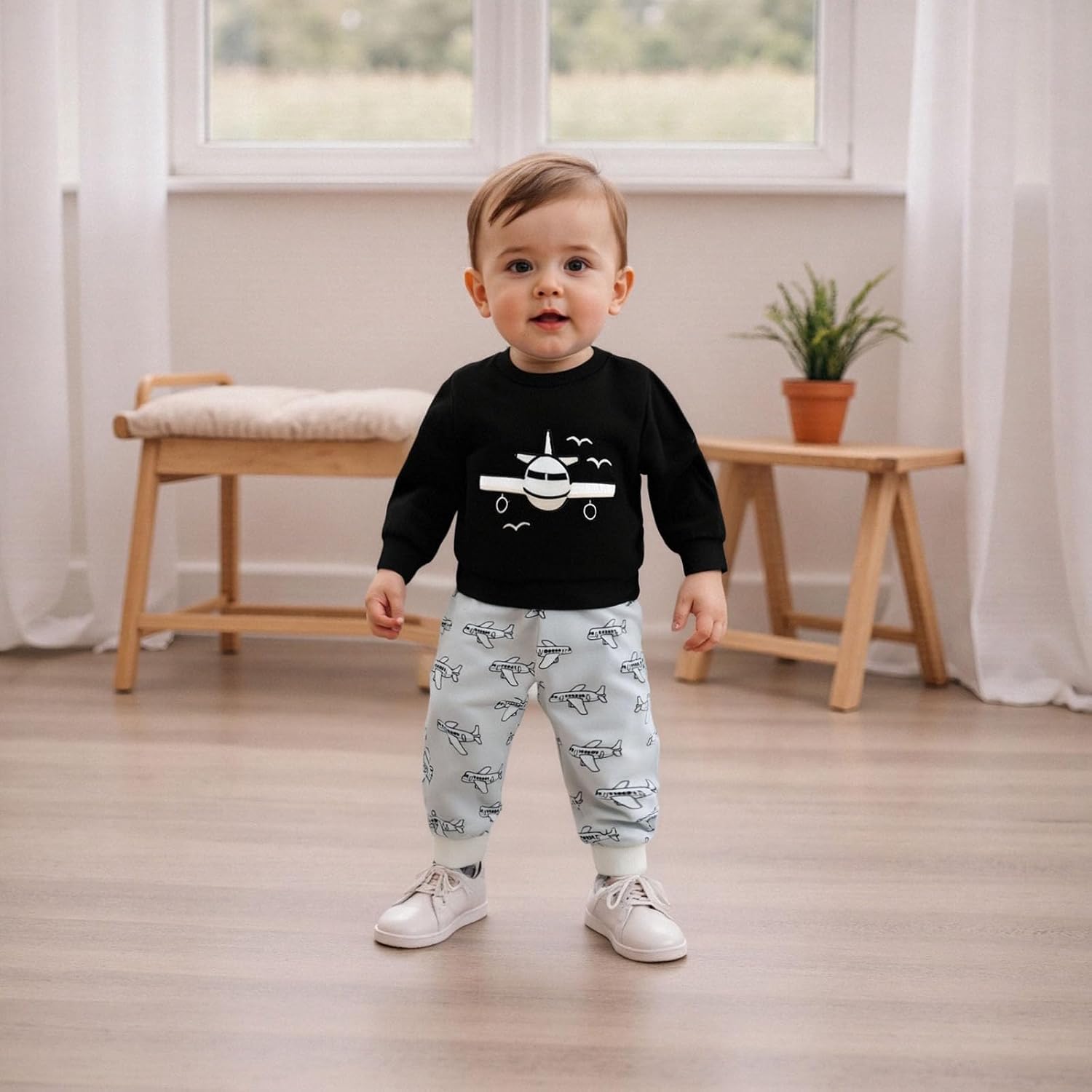 Toddler Baby Boy Fall Outfit Airplane Embroidery Long Sleeve Sweatshirt Pullover Tops Joggers Pants Set 2Pcs Clothes