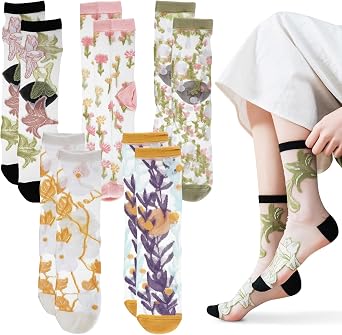 5 Pairs Sheer Socks Women - Lace Trouser Mesh Socks, Summer Ultrathin Crystal Glass Stocking, Sheer Ankle Transparent Fishnet Vintage High Mid Calf Sock for Girls Women Green Yellow Black White Pink