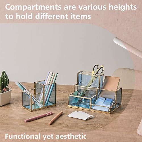 Miniatura 4 de FONDAZZA 5-Compartment Desk Organizer for Home Office Supplies, Gold Brass with Blue Glass, Workspace Storage for Stationery, Cosmetic, Makeup Tools