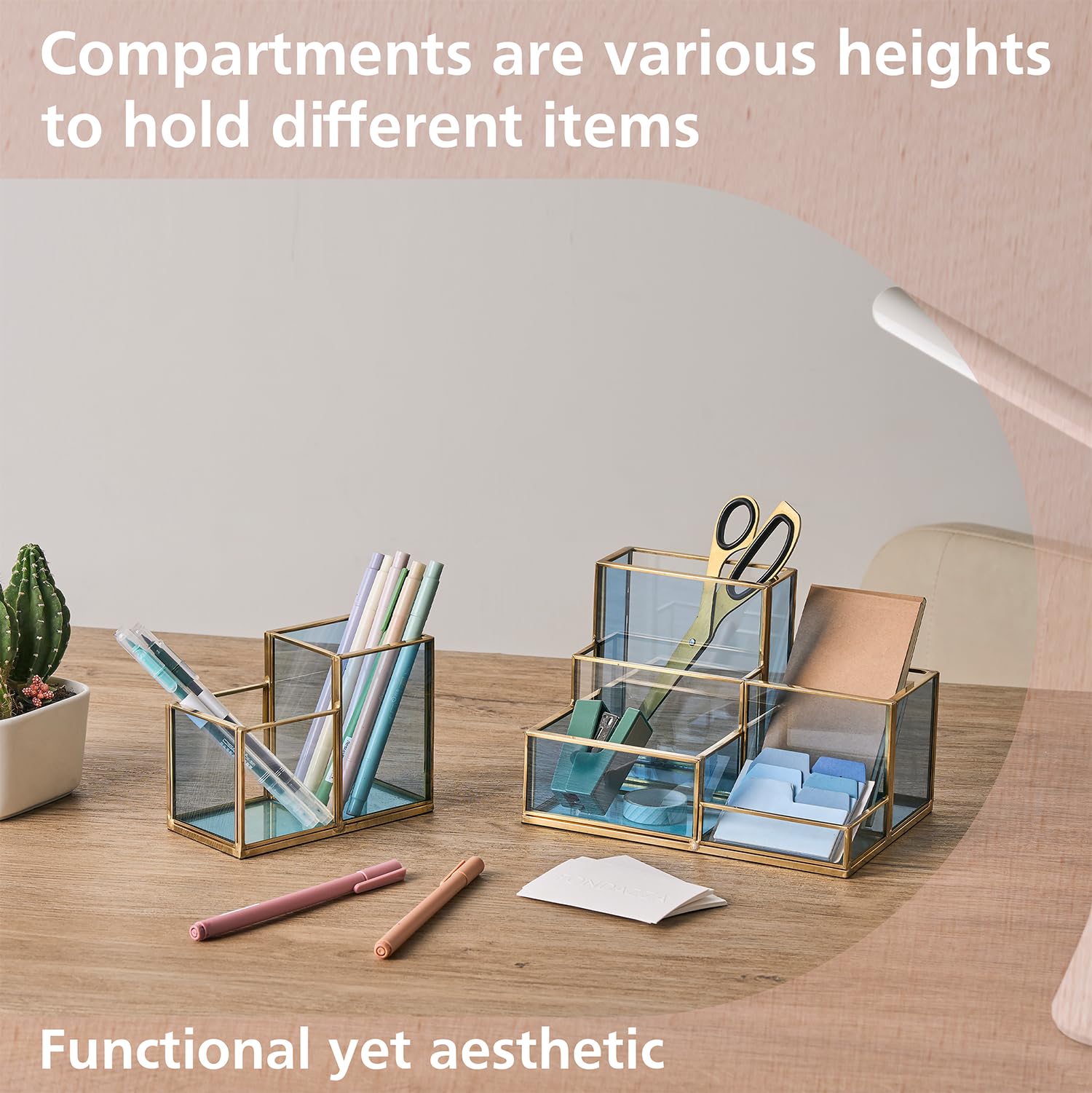 FONDAZZA 5-Compartment Desk Organisers and Accessories for Home Office Supplies Blue Glass with Gold Brass Trim Office Décor - Image 4
