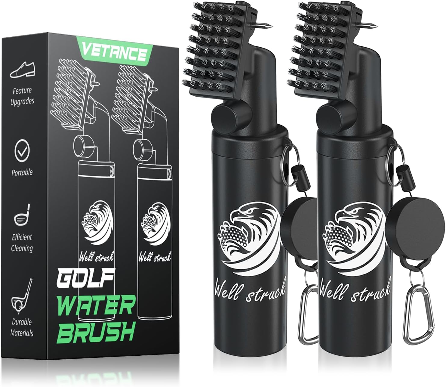 2 Pack Pro Golf Club Cleaner - 4oz Water Bottle with Groove Cleaner and Retainer Clip, Durable Nylon Bristles for Easy Cleaning, Ergonomic Button Design, Golf Gifts for Men (Black)