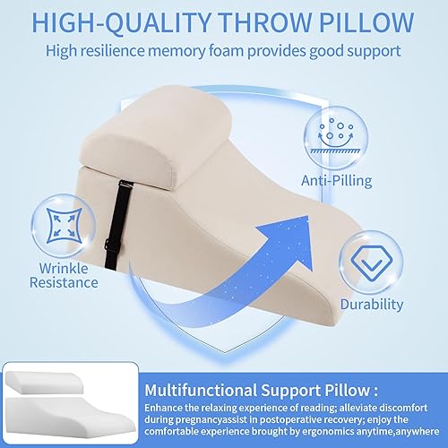Miniatura 6 de Almohada de lectura para cama para adulto, almohada de cuña de espuma viscoelástica con soporte lumbar ajustable, cojín de respaldo para sentarse en