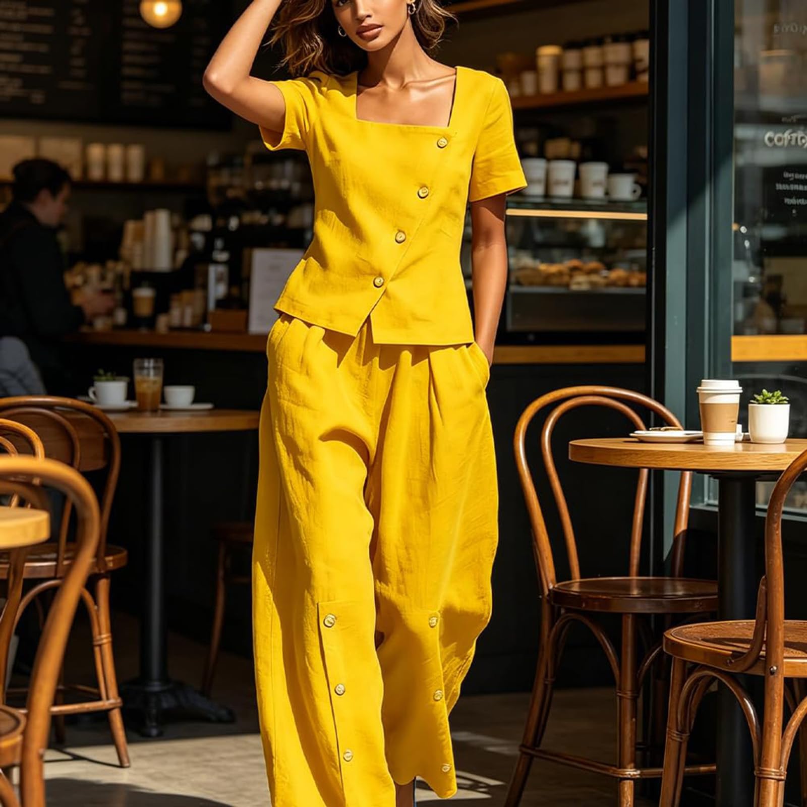 hausanzug damen Lässiges und modisches Damen Set aus kurzem Ärmel, weitem Bein, eckigem Ausschnitt, schräger Vorderseite, seitlicher Knopfleiste und eckiger Hose mit eckigem hosenanzug (Yellow, L)