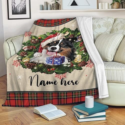 OhaPrints Manta de sherpa suave con diseño de Border Collie con sombrero de Navidad con nombre personalizado, manta de forro polar suave y mullida