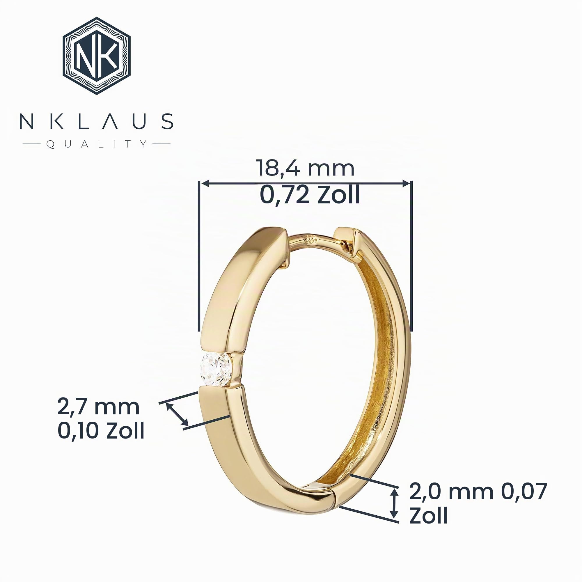 NKlaus Klappcreole, Creolen Echtgold 333 mit Zirkonia, 18,4 mm, 1 Stück | Quadratischer Stein; Gelbgold, Breite 2,7 mm, Stärke 2 mm, hochglanzpoliert, für Damen und Mädchen