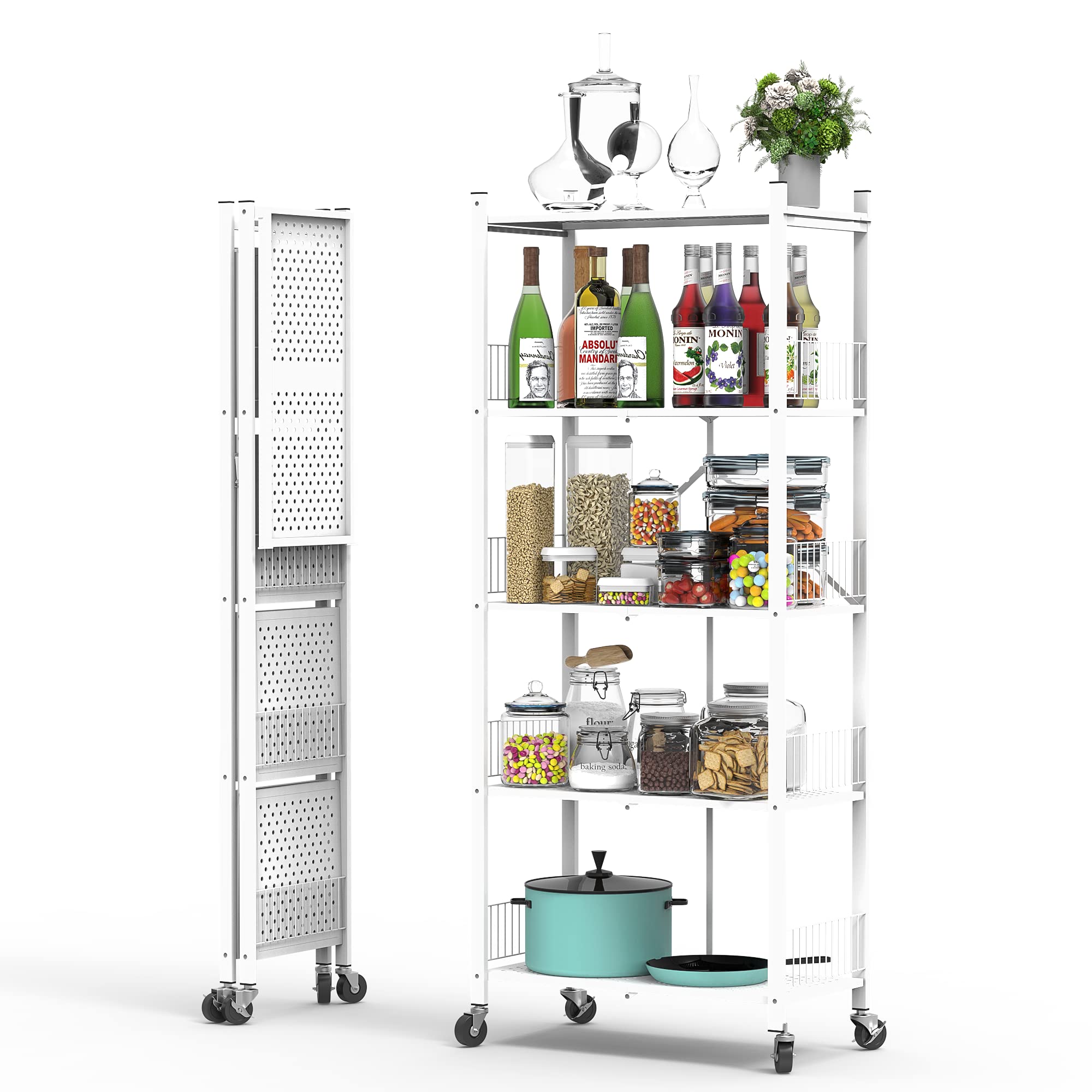 Foldable Storage Shelves Unit, 5-Tier Folding Shelf Shelving Rack Organizer Cart with Rolling Wheels for Temporary or Mobile Storage in Kitchen Warehouse Closet Patio Pantry Basement ( White, 5-Tier)